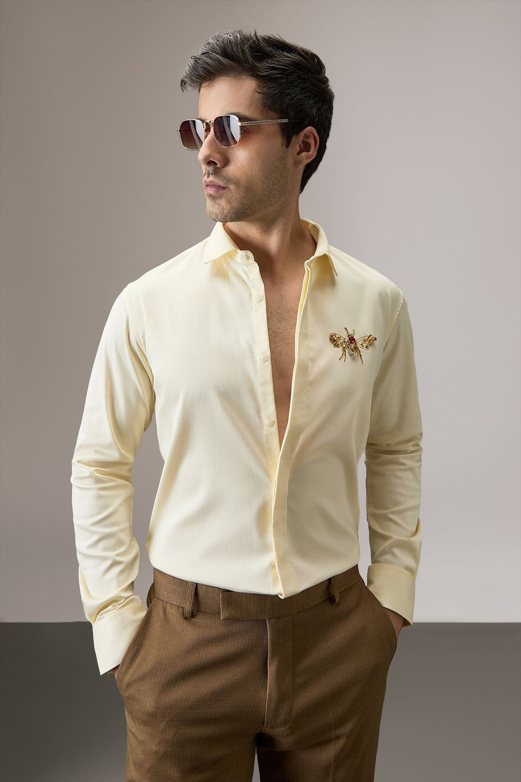 Wasp(Bee) Hand Embroidered Designer Shirt - Ivory