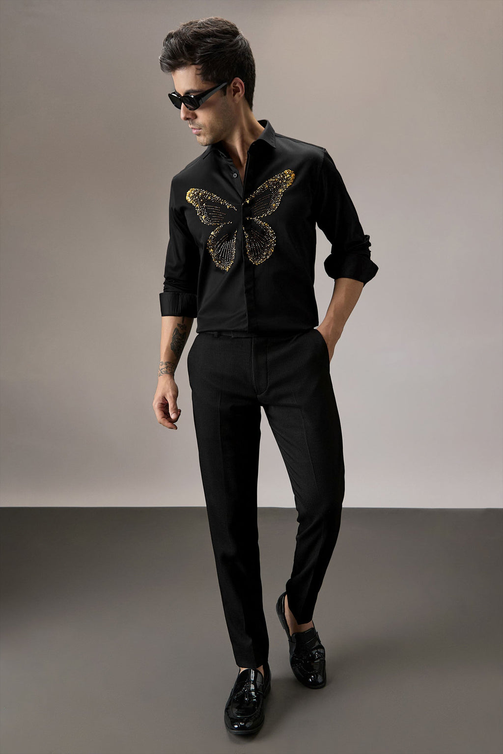 Butterfly - Hand Embroidered Designer Shirt - Black