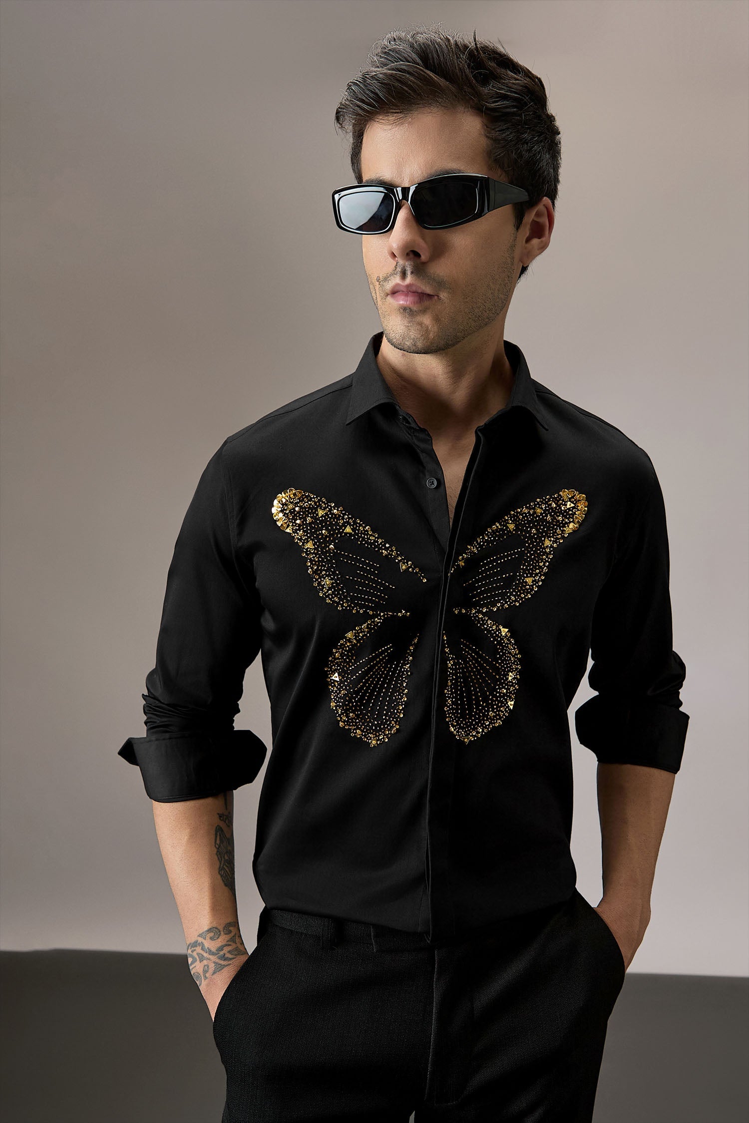 Butterfly - Hand Embroidered Designer Shirt - Black