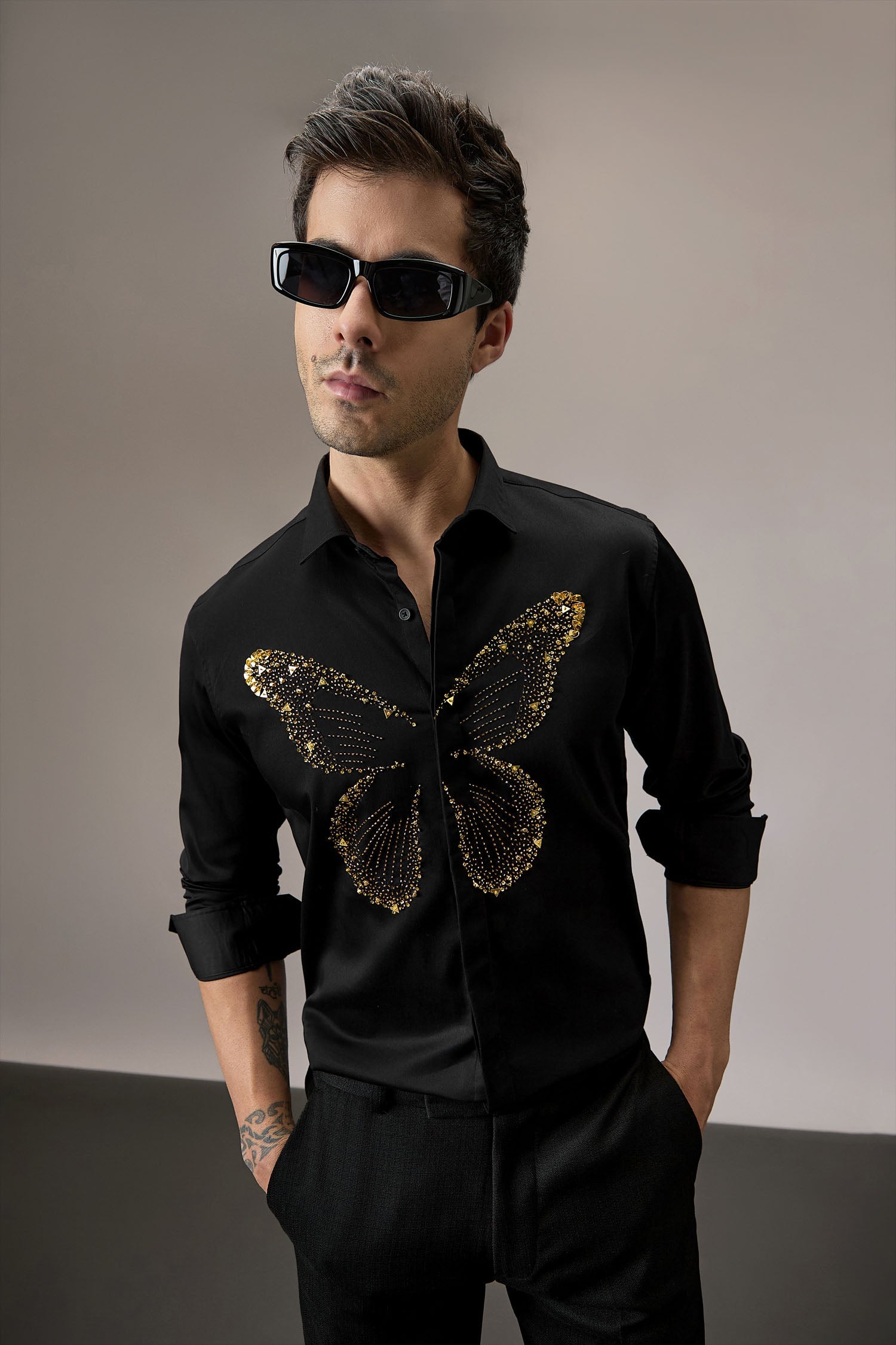 Butterfly - Hand Embroidered Designer Shirt - Black