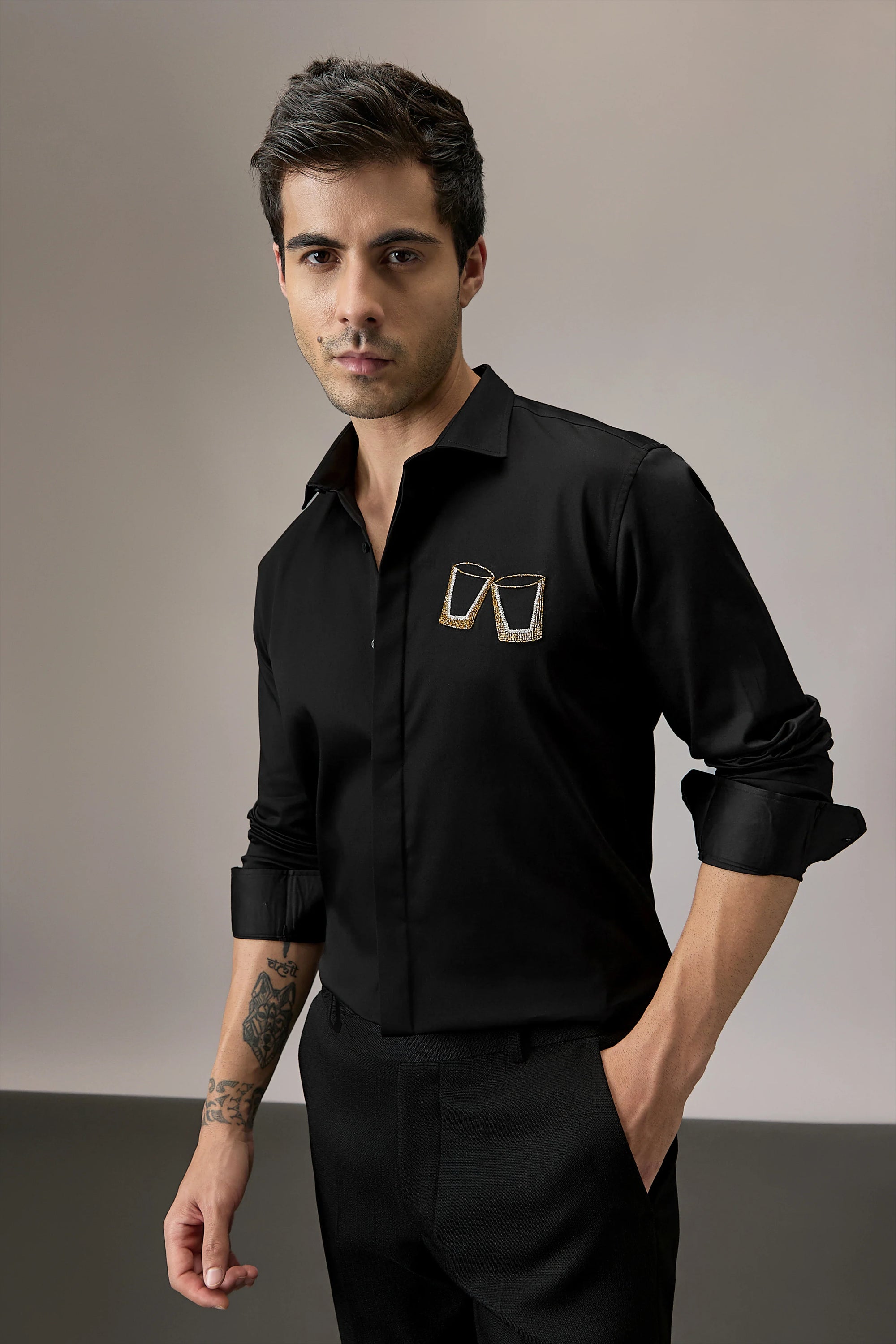 Buy Me Shots - Hand Embroidered Designer Shirt - Black
