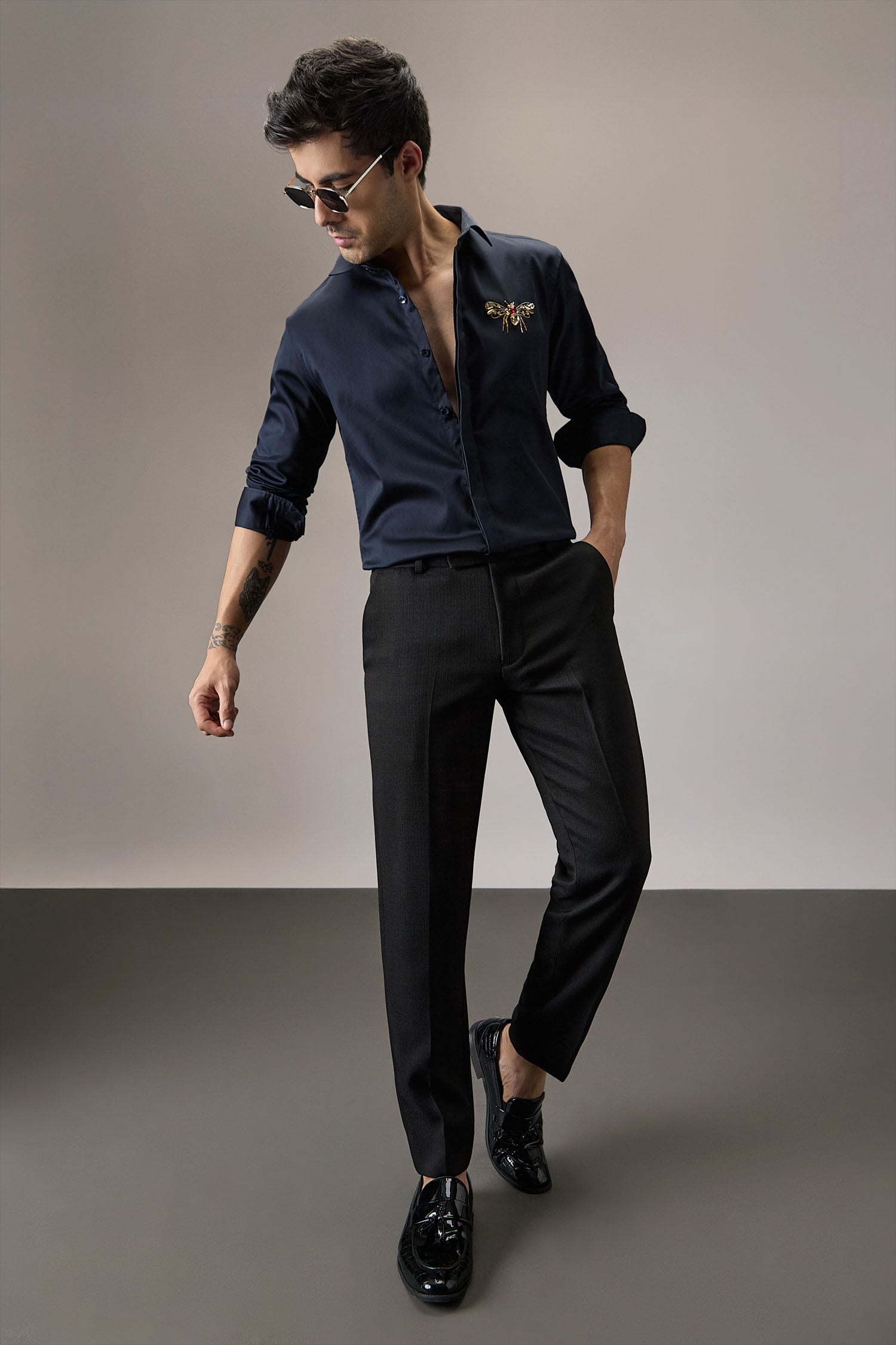 Wasp - Hand Embroidered Designer Shirt - Navy