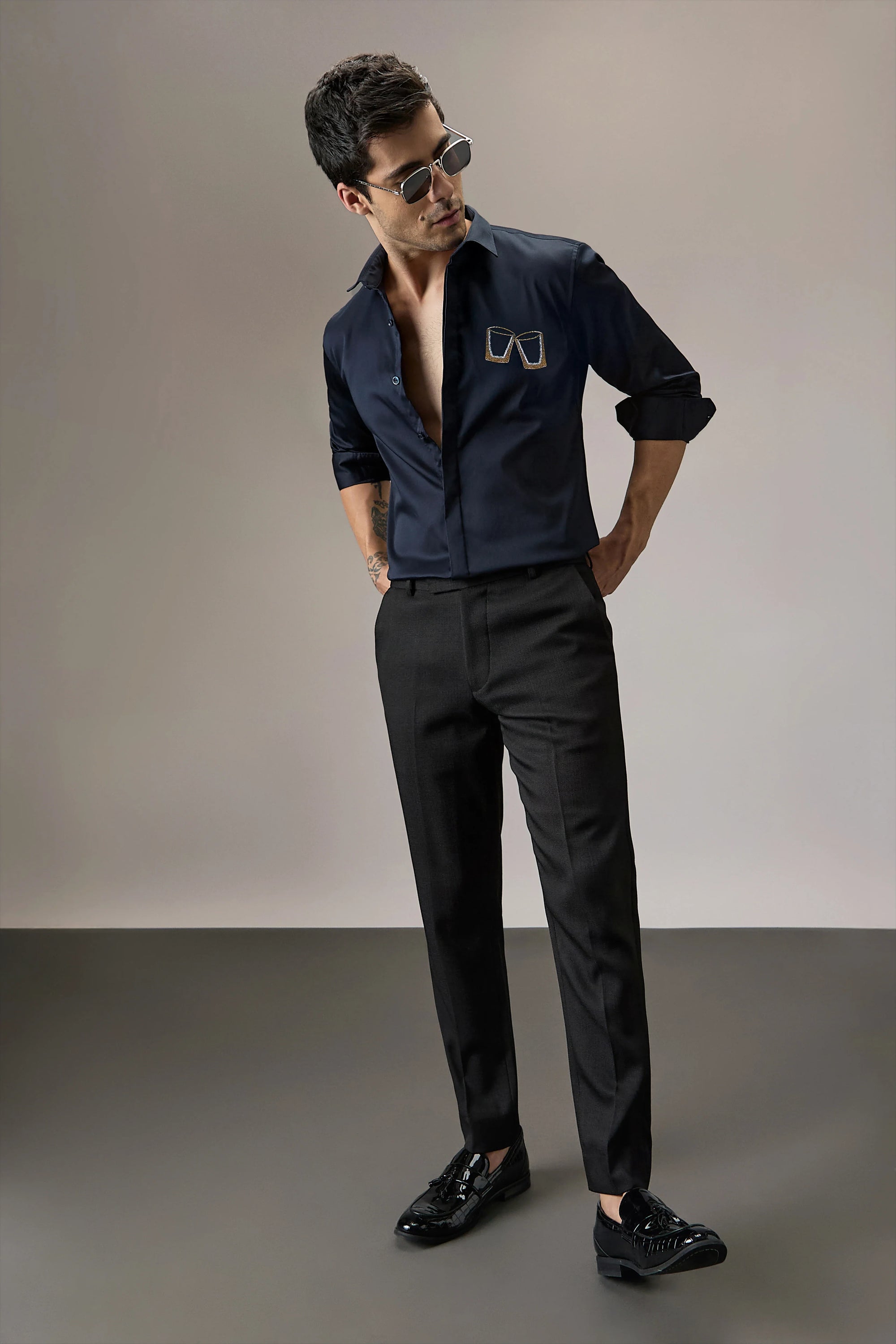 Buy Me Shots - Hand Embroidered Designer Shirt - Navy