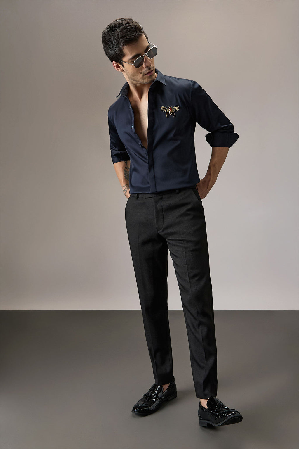 Wasp - Hand Embroidered Designer Shirt - Navy