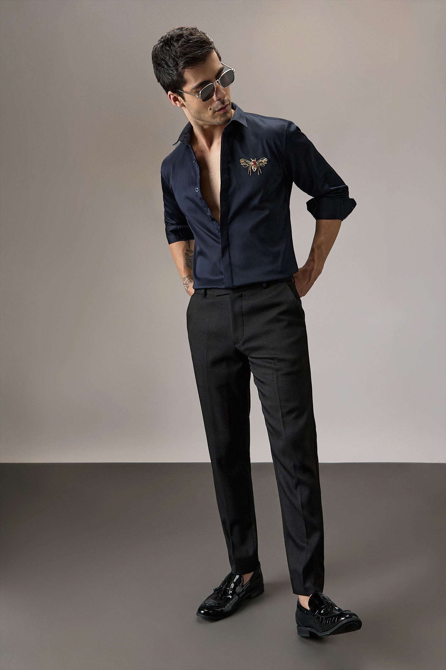 Wasp - Hand Embroidered Designer Shirt - Navy