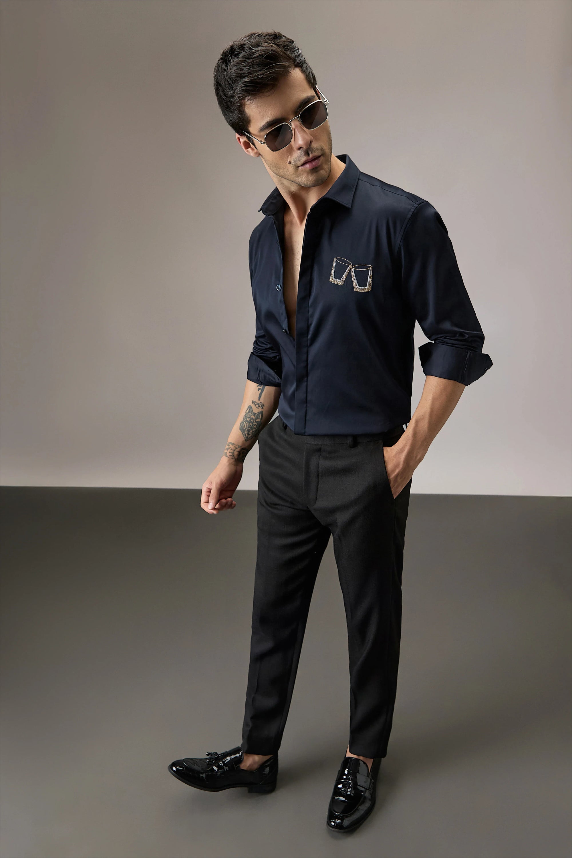 Buy Me Shots - Hand Embroidered Designer Shirt - Navy