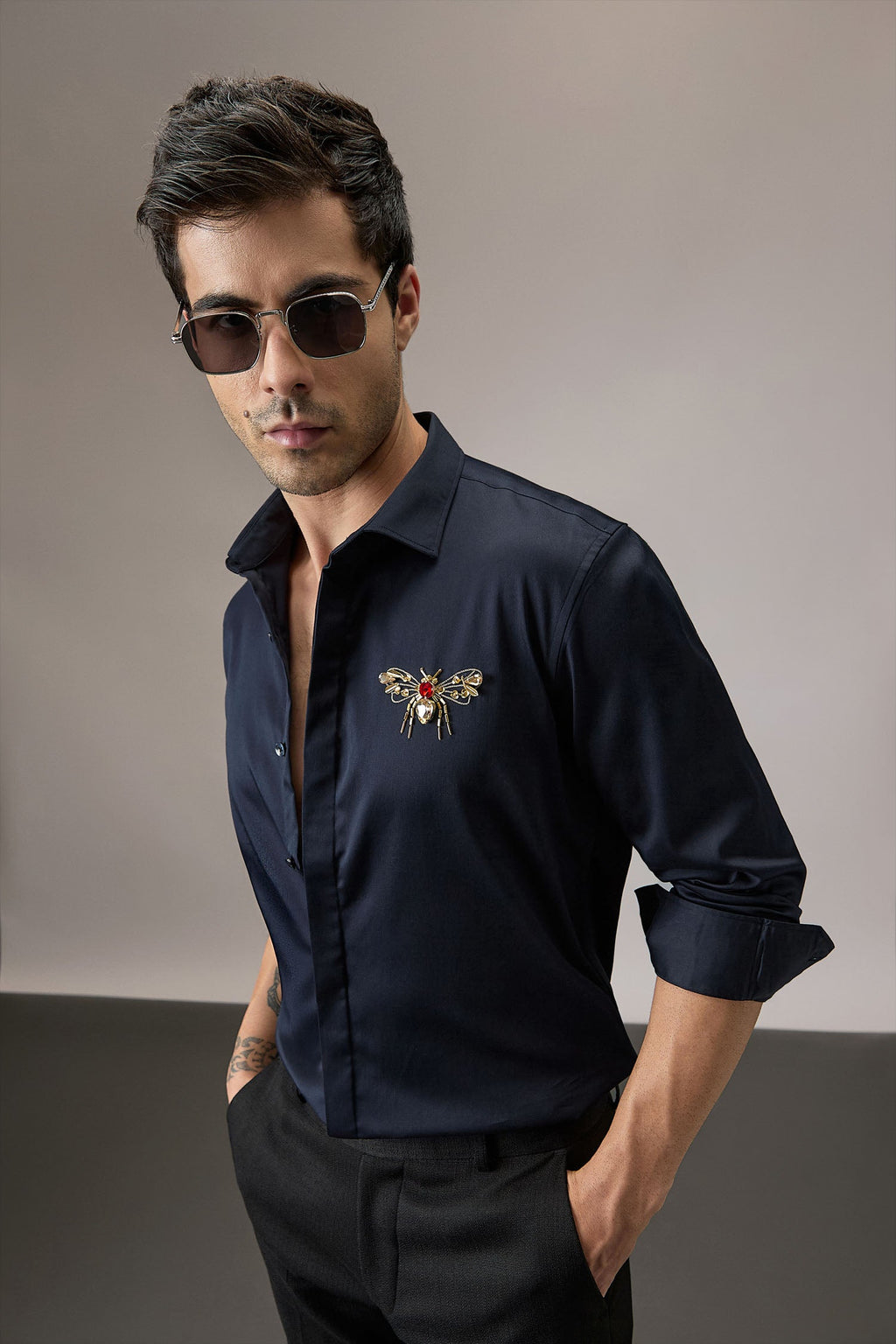 Wasp - Hand Embroidered Designer Shirt - Navy