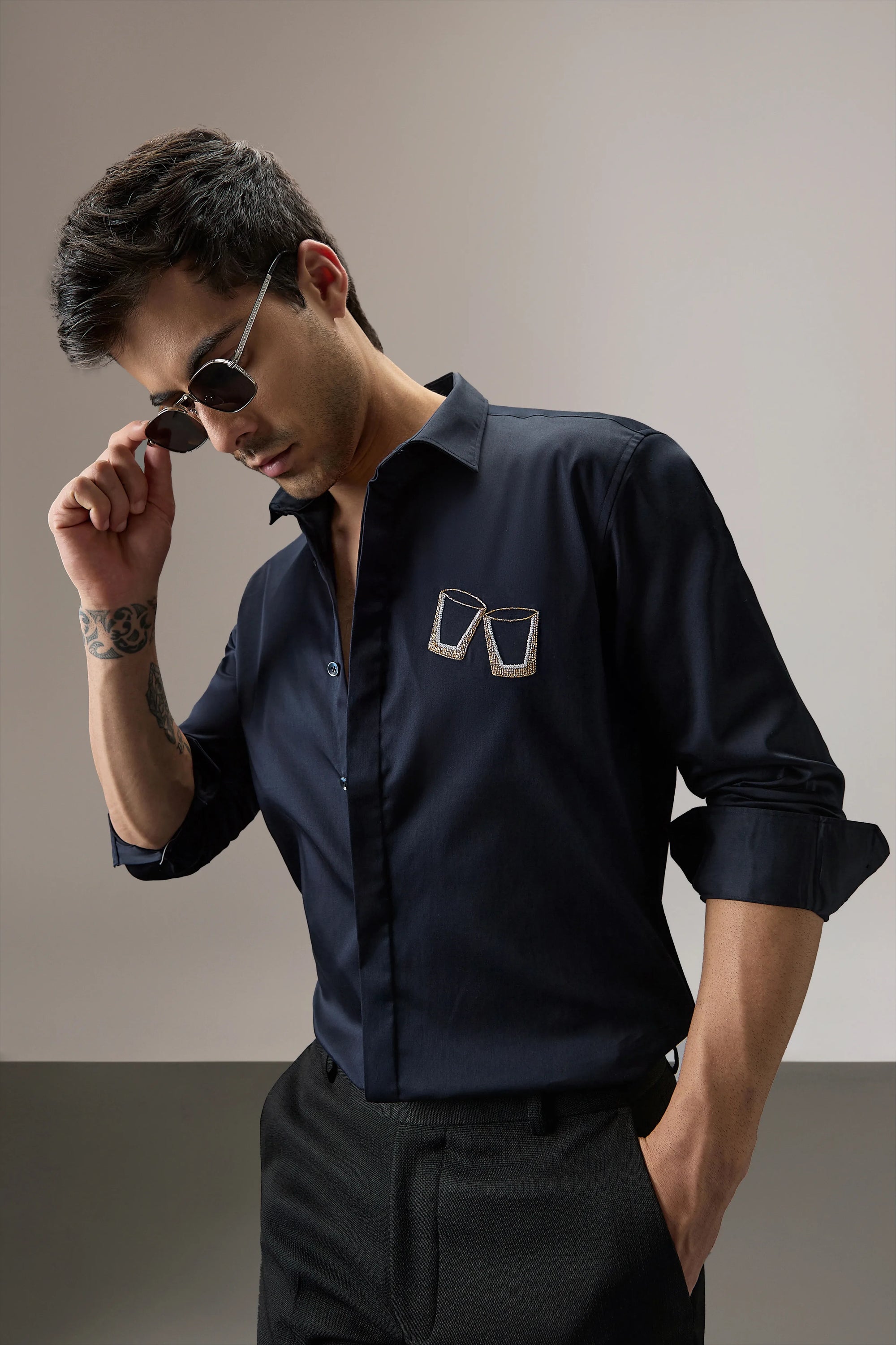 Buy Me Shots - Hand Embroidered Designer Shirt - Navy