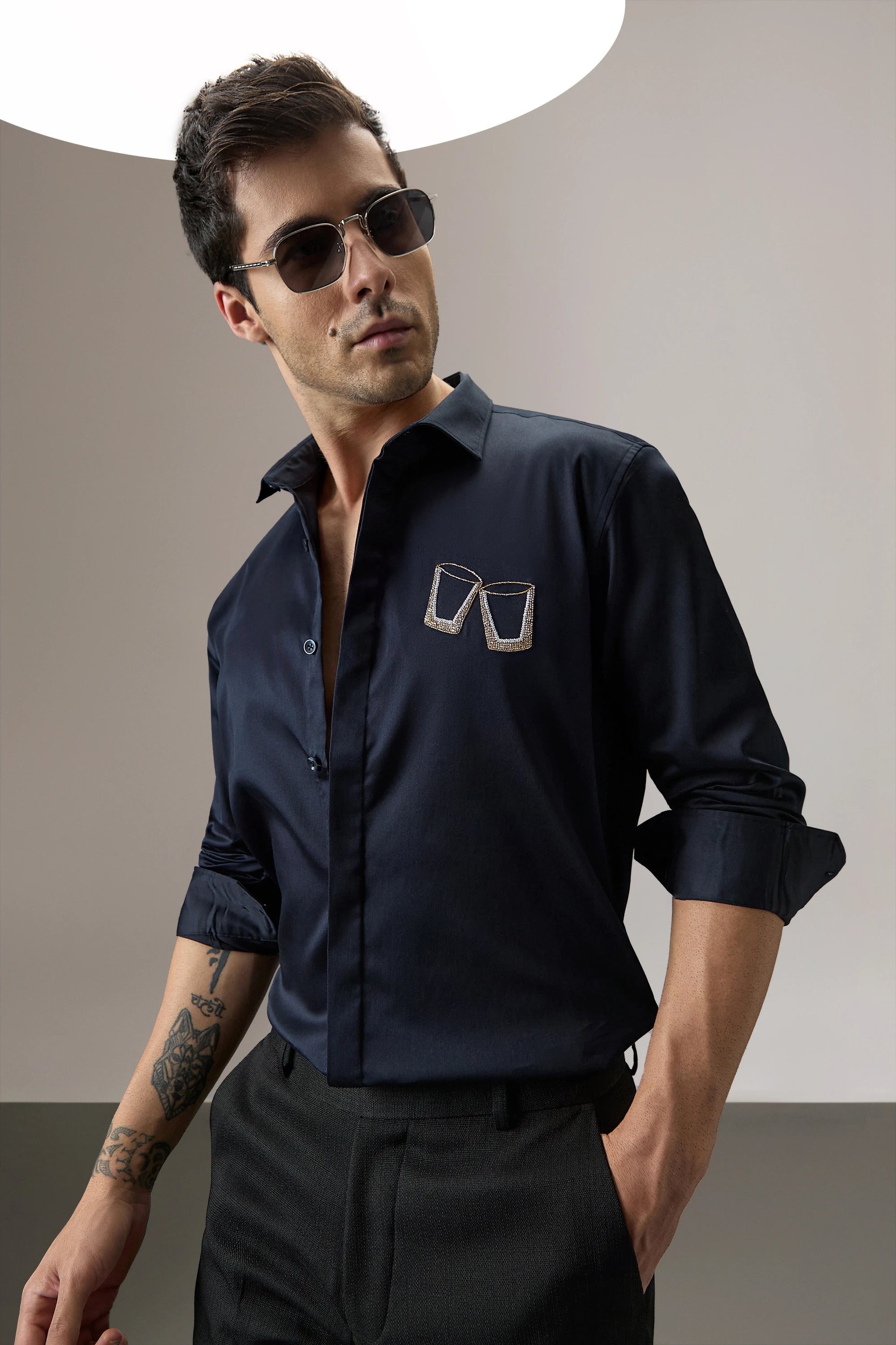 Buy Me Shots - Hand Embroidered Designer Shirt - Navy