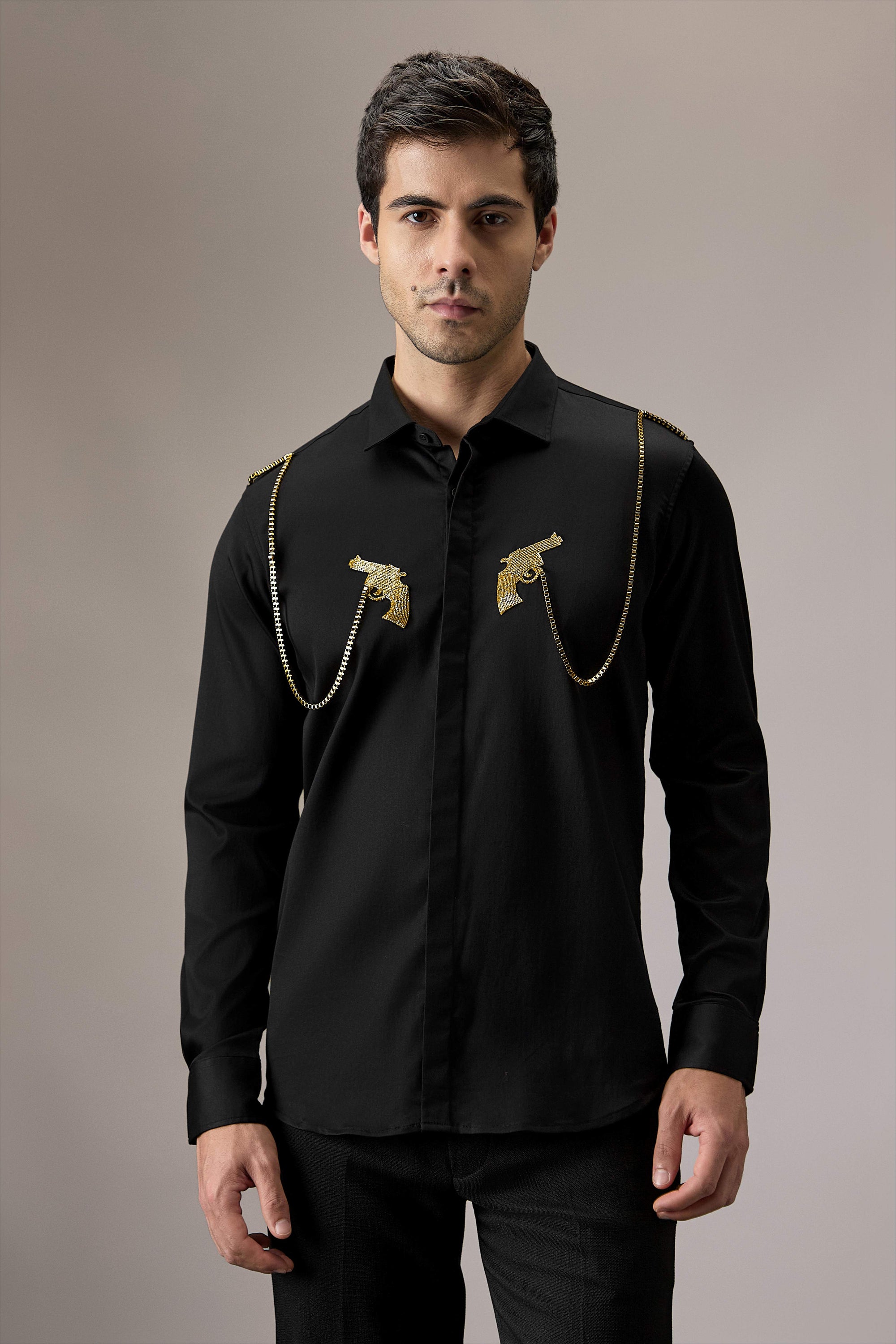 Revolver - Hand Embroidered Designer Shirt - Black