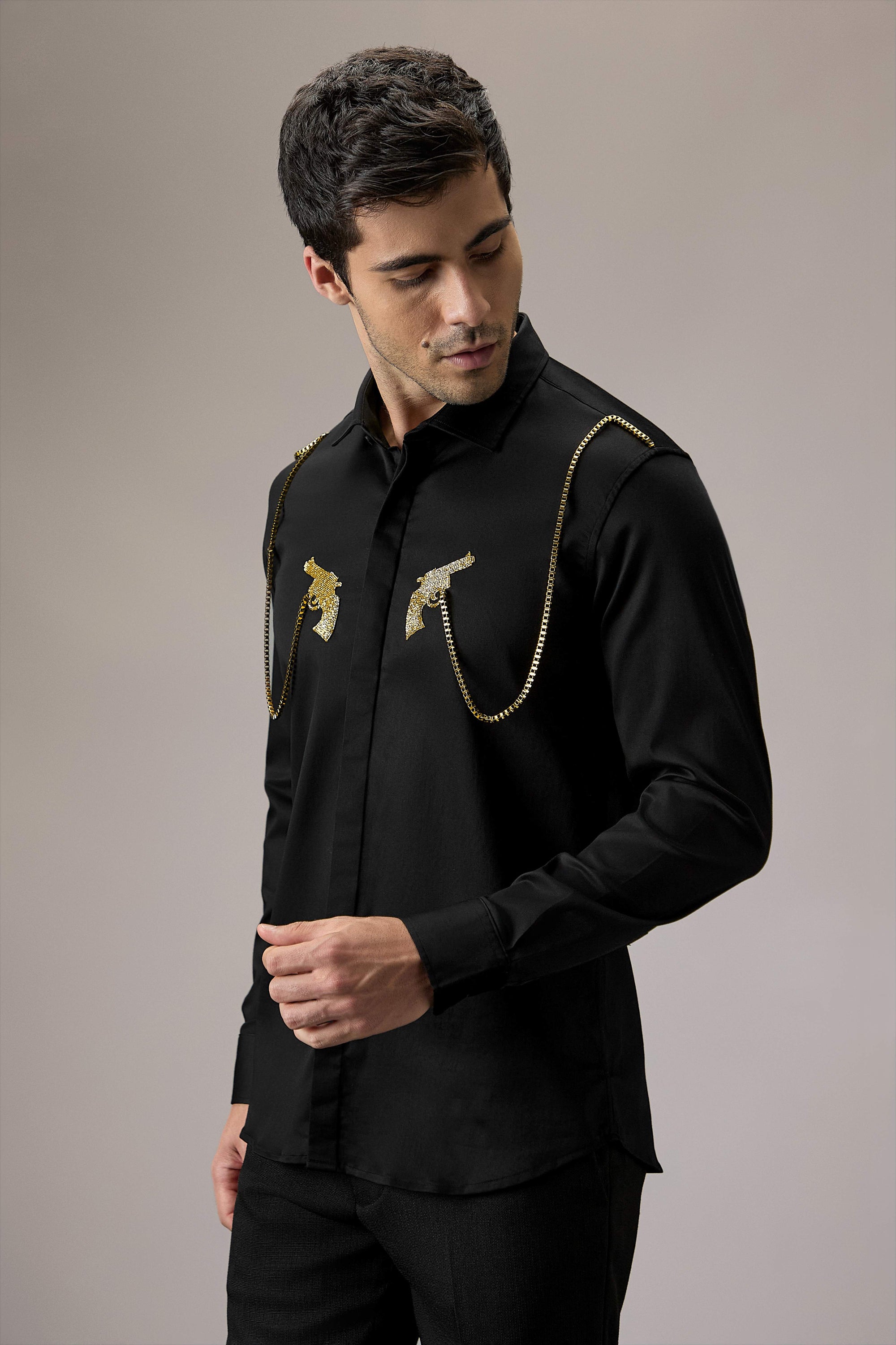 Revolver - Hand Embroidered Designer Shirt - Black