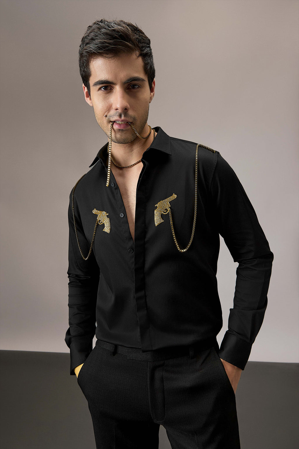 Revolver - Hand Embroidered Designer Shirt - Black