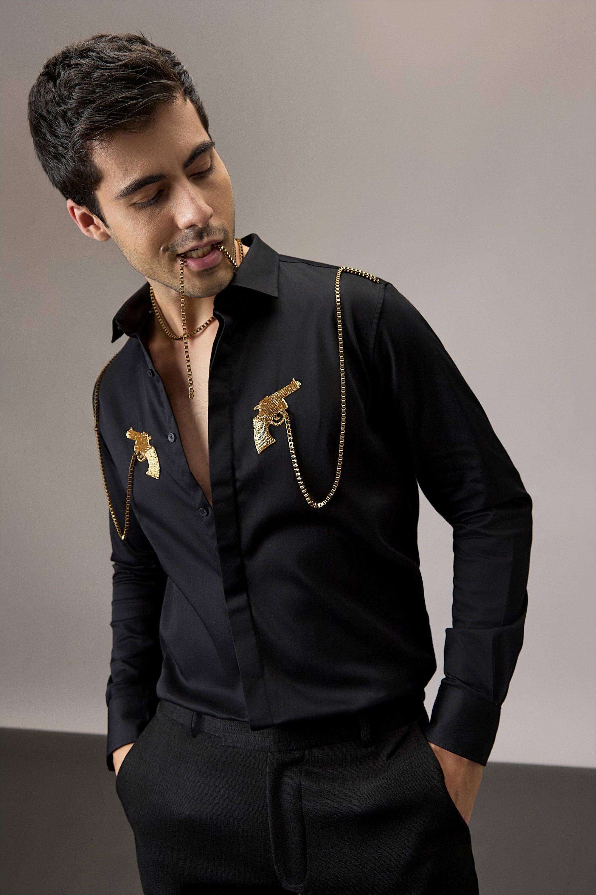 Revolver - Hand Embroidered Designer Shirt - Black