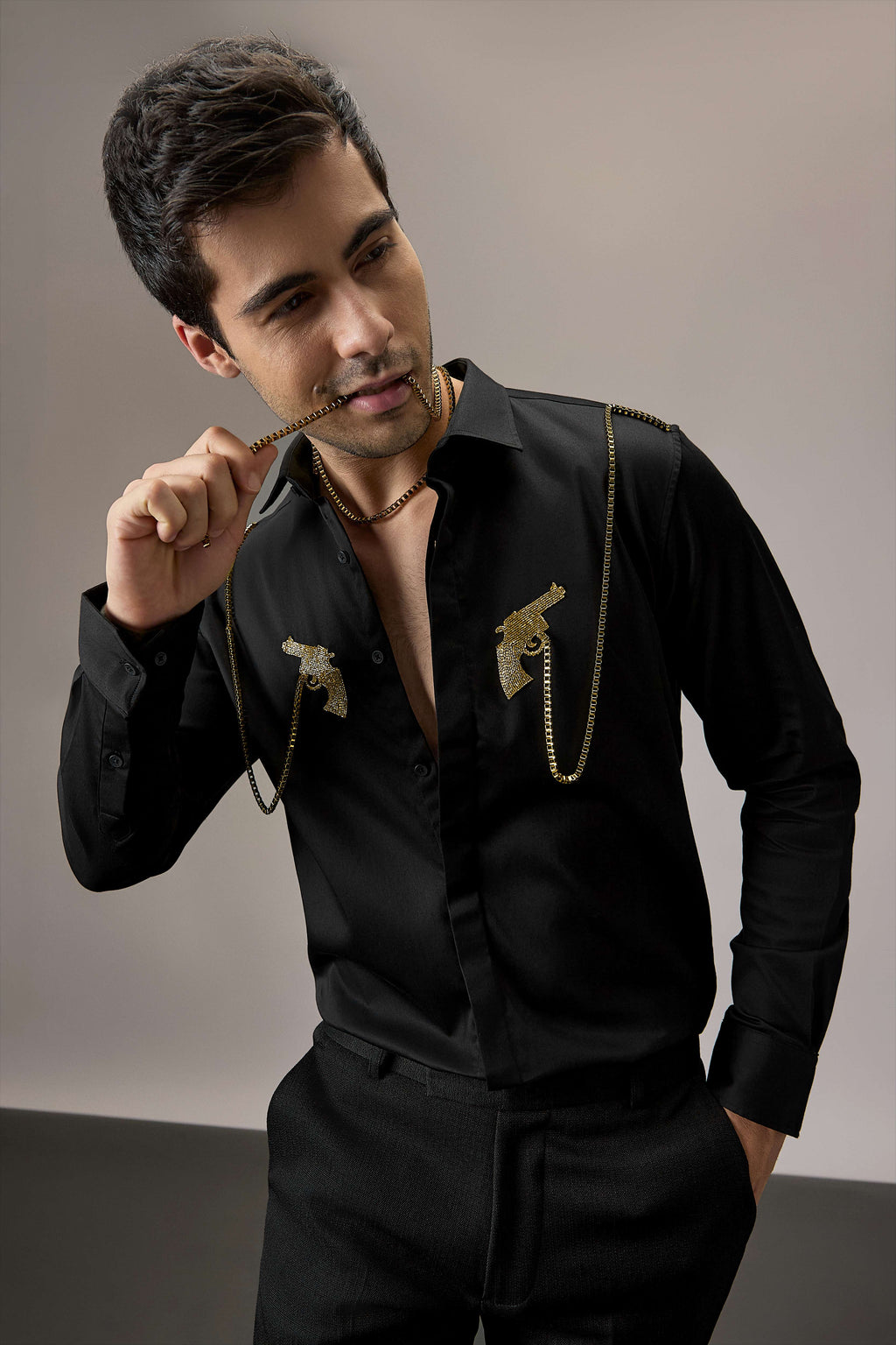 Revolver - Hand Embroidered Designer Shirt - Black