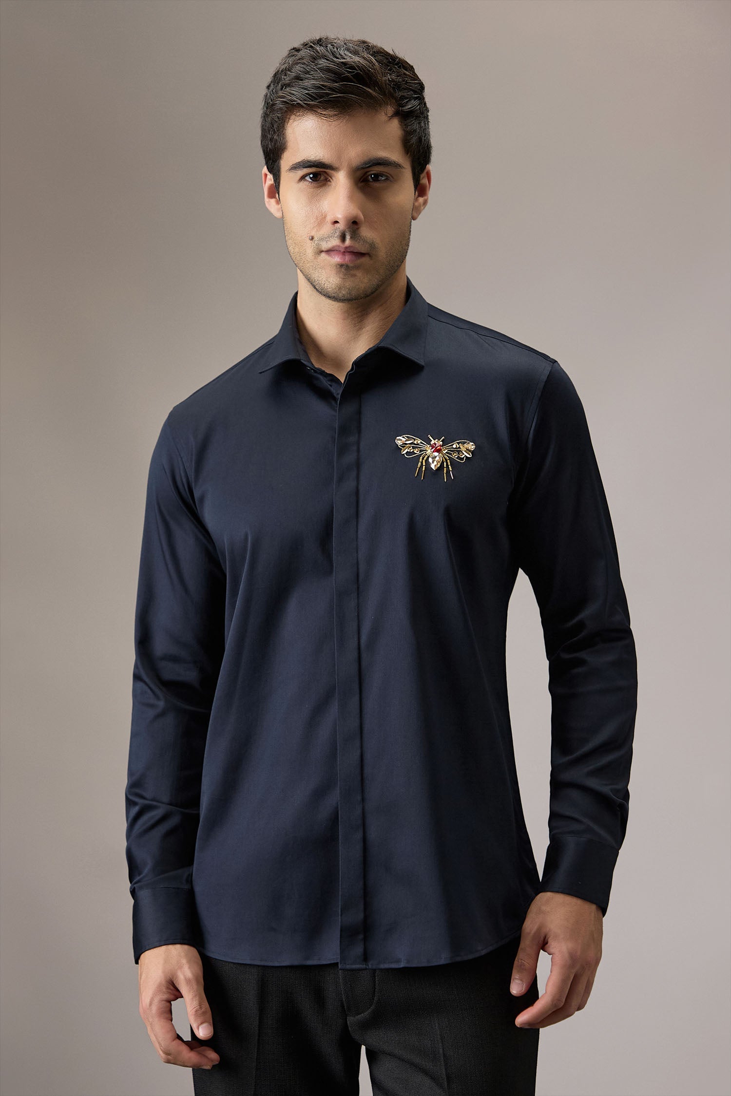 Wasp - Hand Embroidered Designer Shirt - Navy