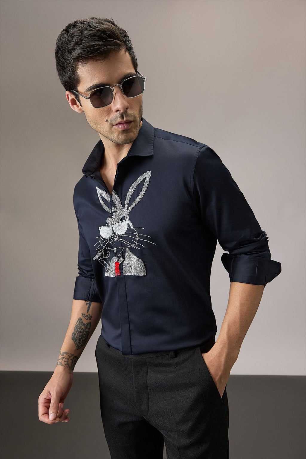 Bugs Bunny - Hand Embroidered Designer Shirt - Navy