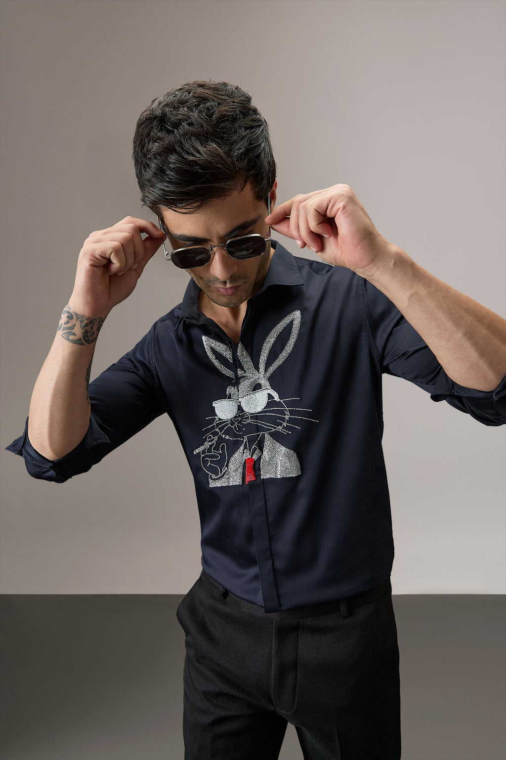 Bugs Bunny - Hand Embroidered Designer Shirt - Navy
