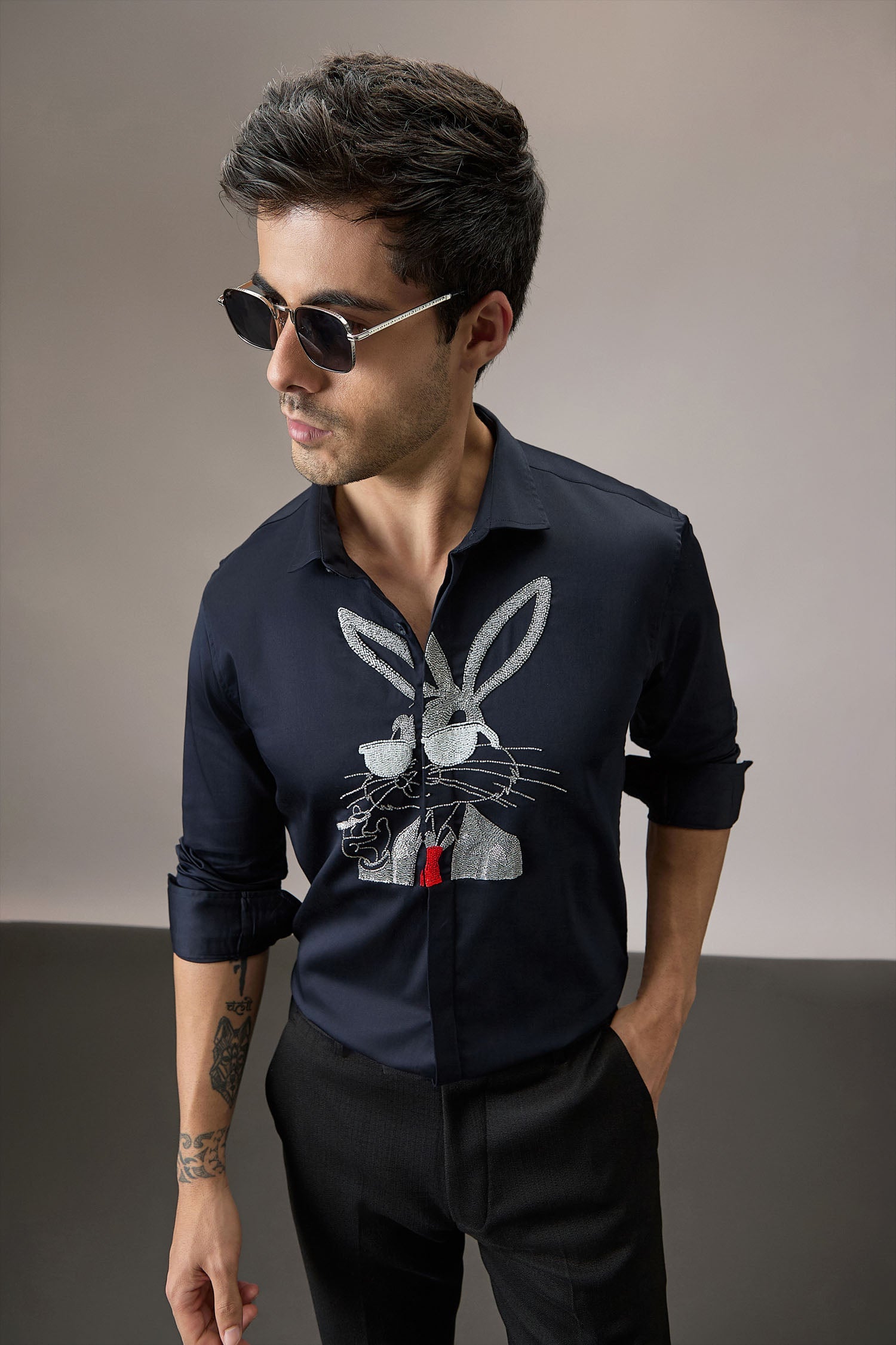 Bugs Bunny - Hand Embroidered Designer Shirt - Navy
