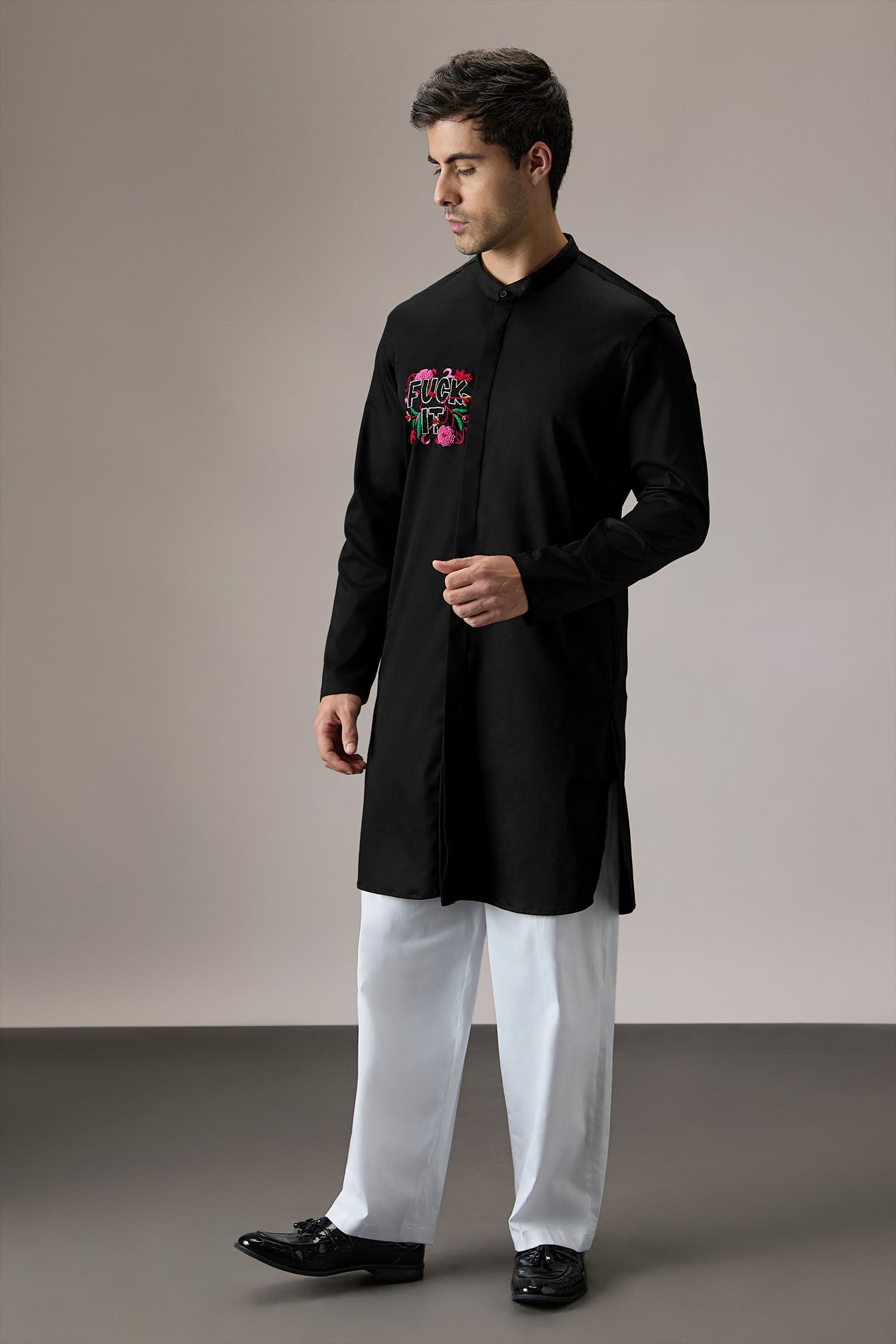 Fuck It - Hand Embroidered Designer Kurta - Black
