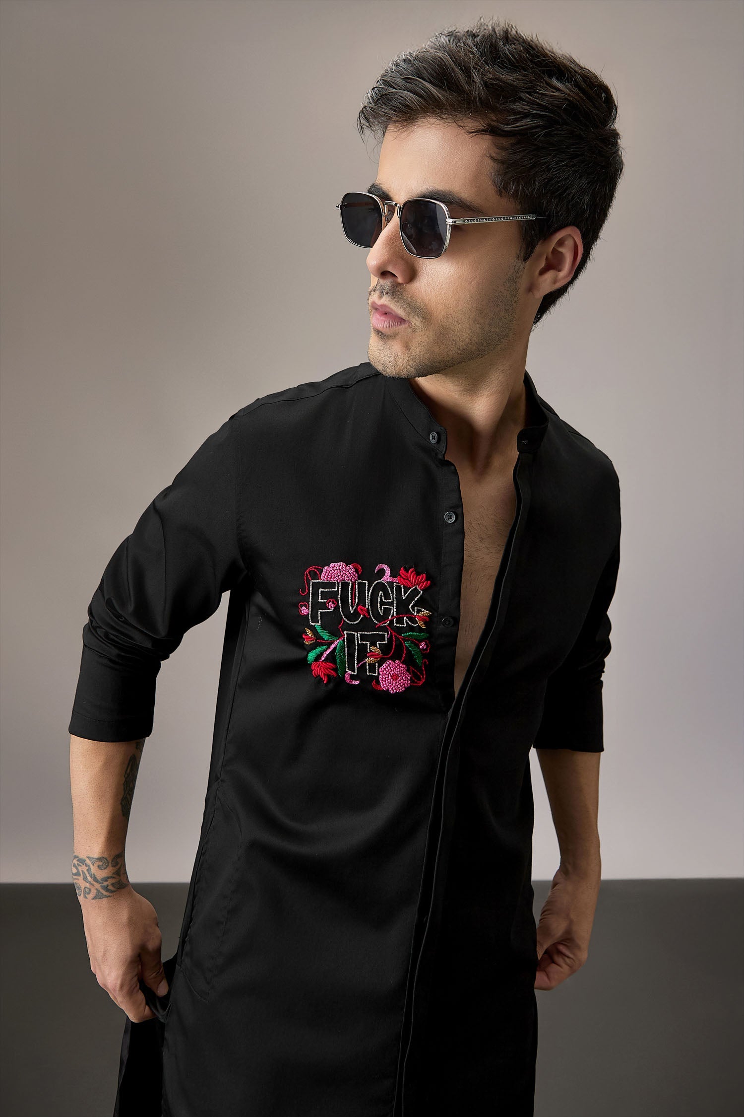 Fuck It - Hand Embroidered Designer Kurta - Black