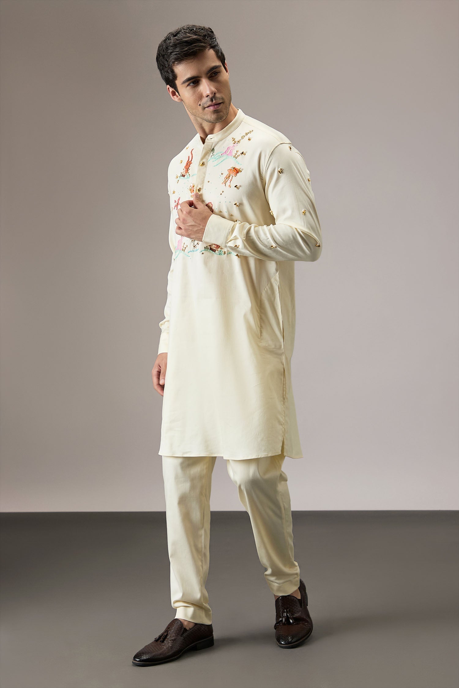 Brine (Ocean) - Hand Embroidered Designer Kurta - IVORY