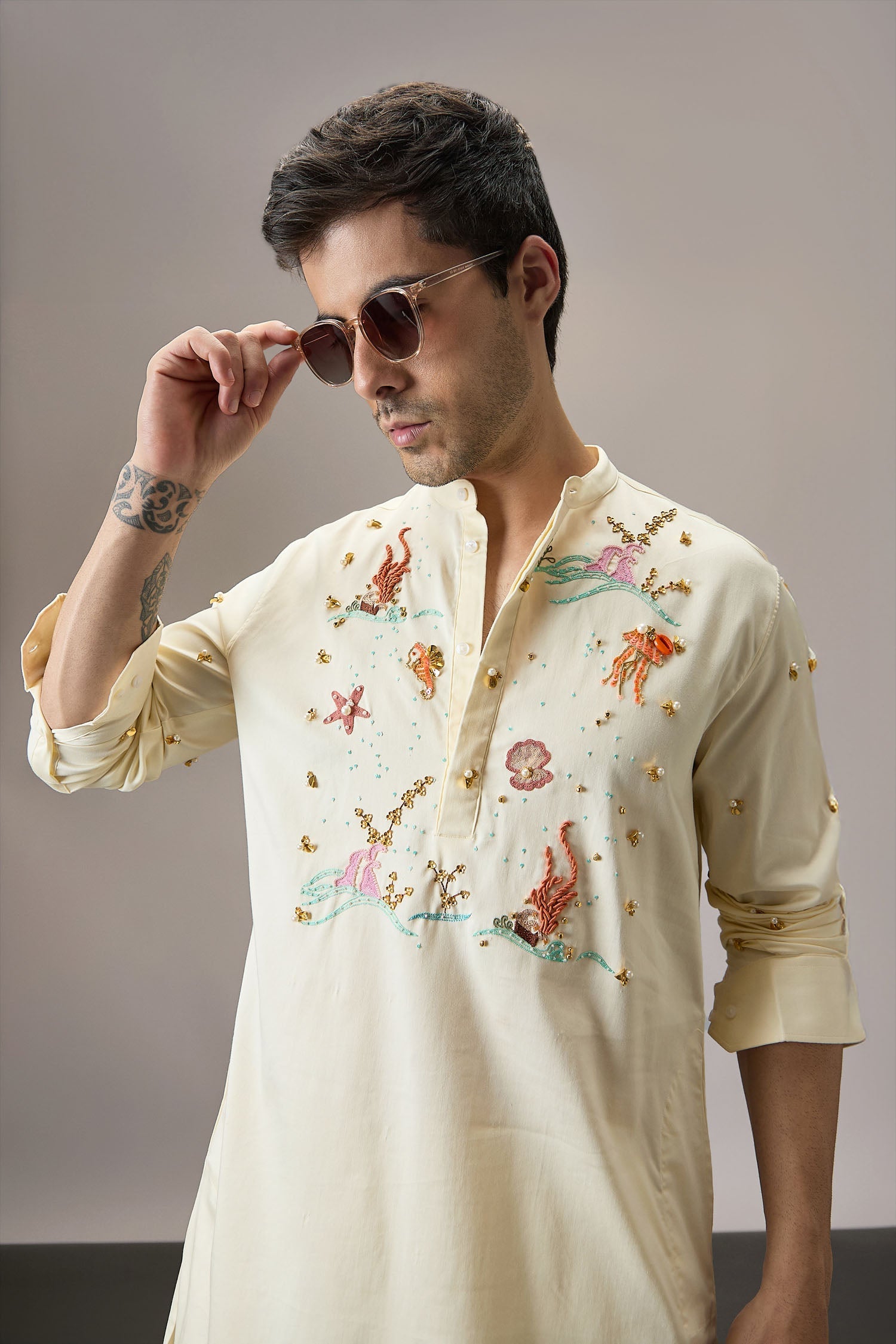 Brine (Ocean) - Hand Embroidered Designer Kurta - IVORY