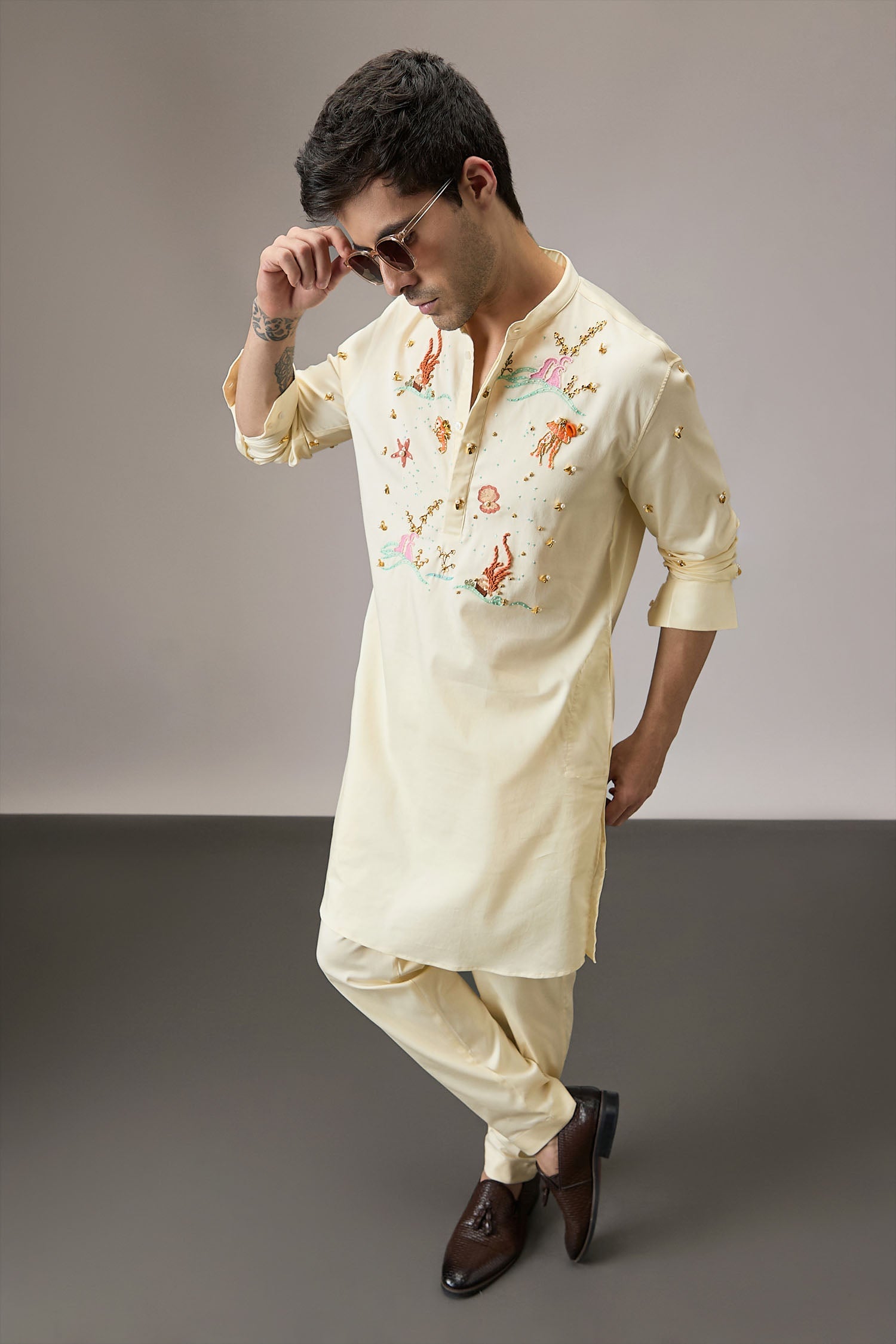 Brine (Ocean) - Hand Embroidered Designer Kurta - IVORY