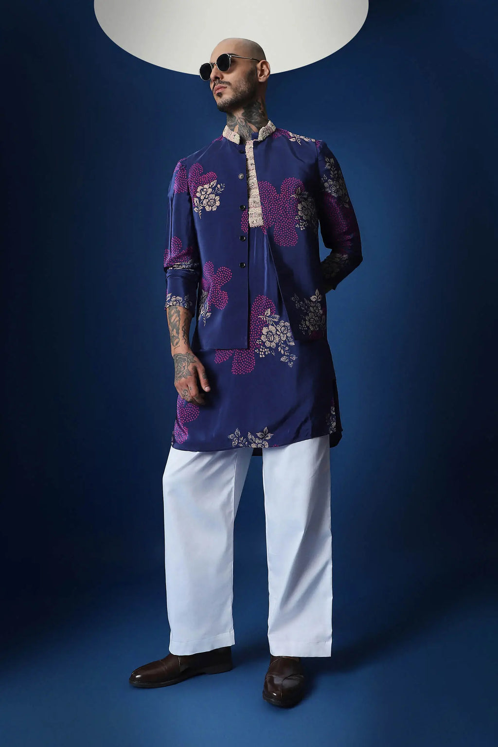 Flower Print Bandhani Hand Embroidered Bundi Set - Blue