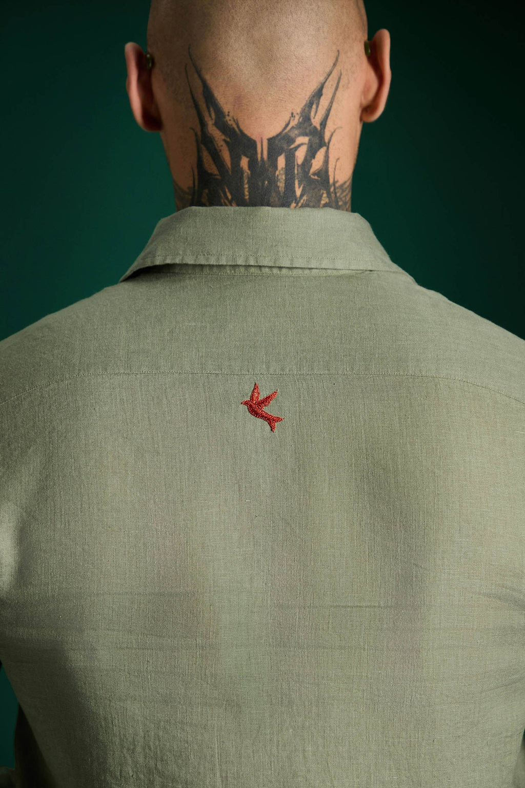 Bird Hand Embroidered Irish Linen Shirt - Olive Green