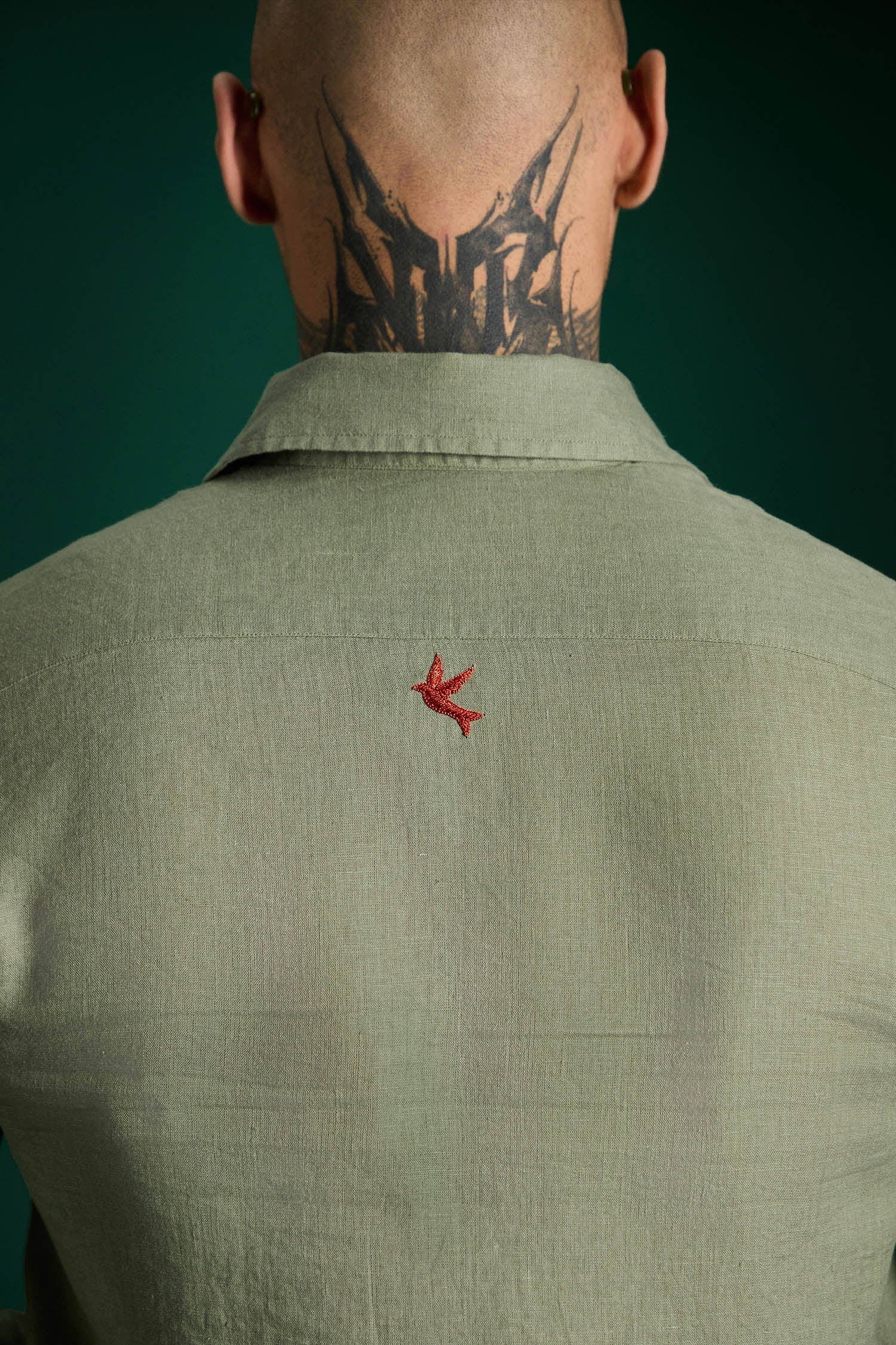 Bird Hand Embroidered Irish Linen Shirt - Olive Green