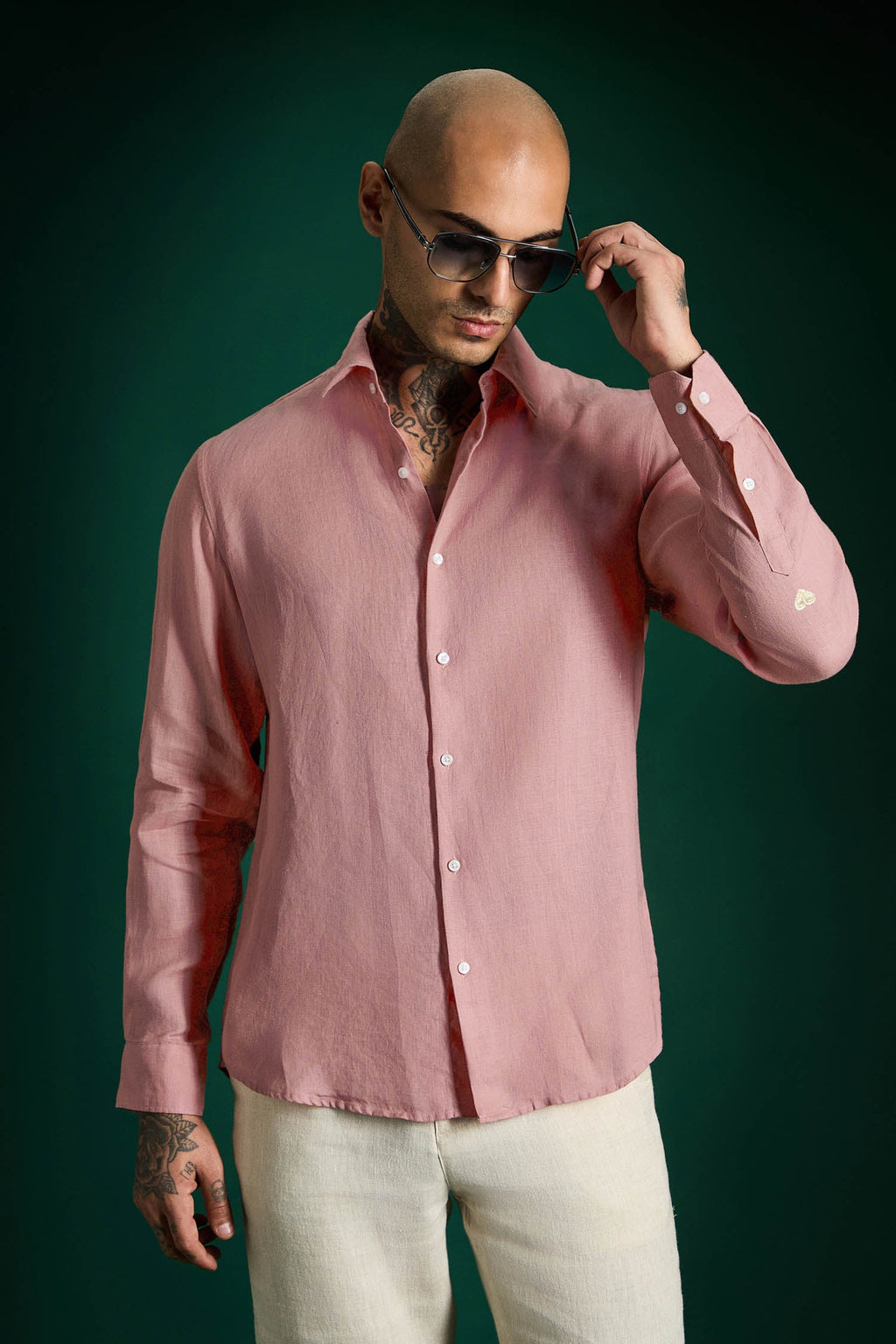 Irish Hand Embroidered Linen Shirt - Salmon Pink