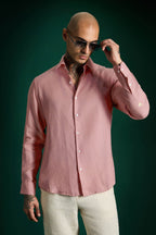 Irish Hand Embroidered Linen Shirt - Salmon Pink