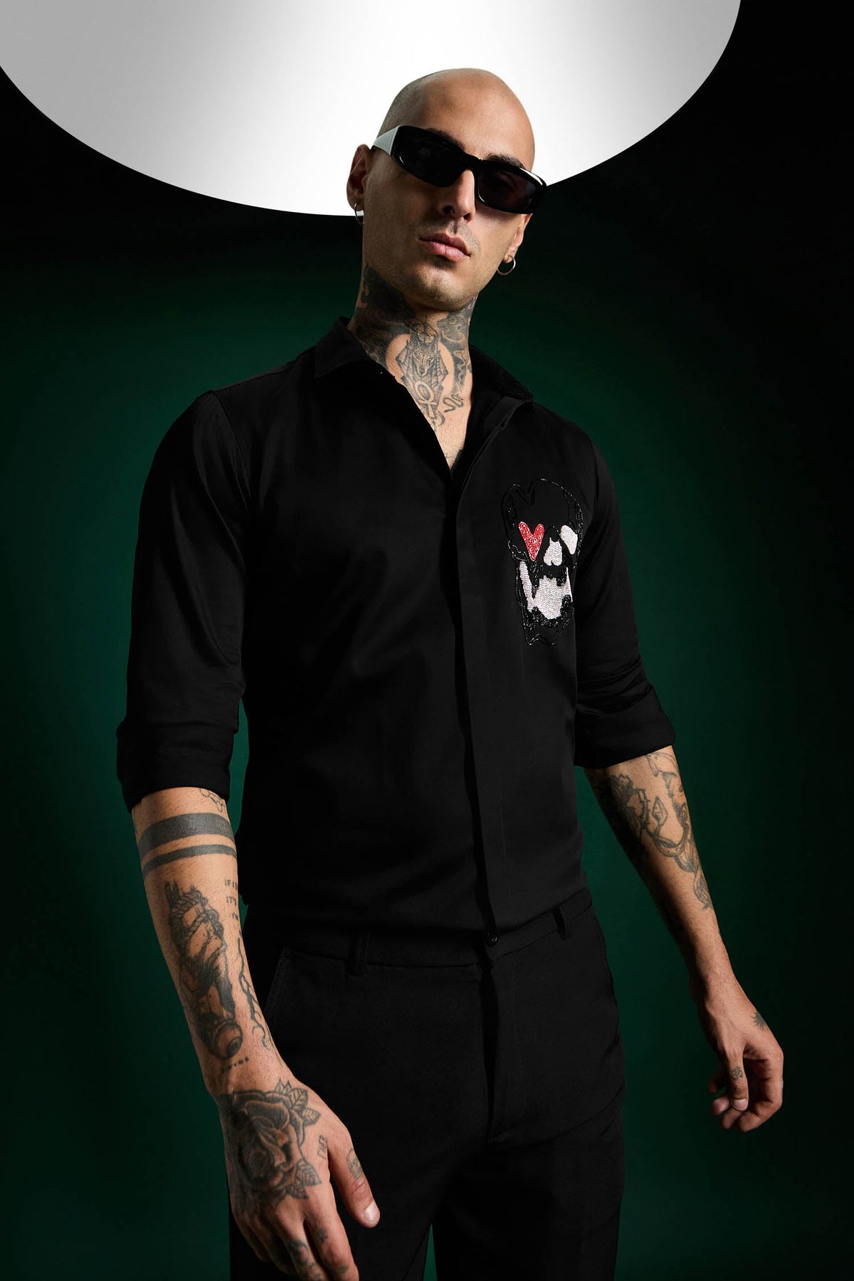 Heart Skull - Hand Embroidered Designer Shirt - Black