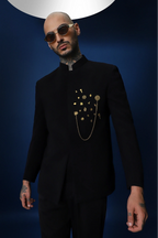 Drizzle Metal  Hand Embroidered Bandhgala - Black