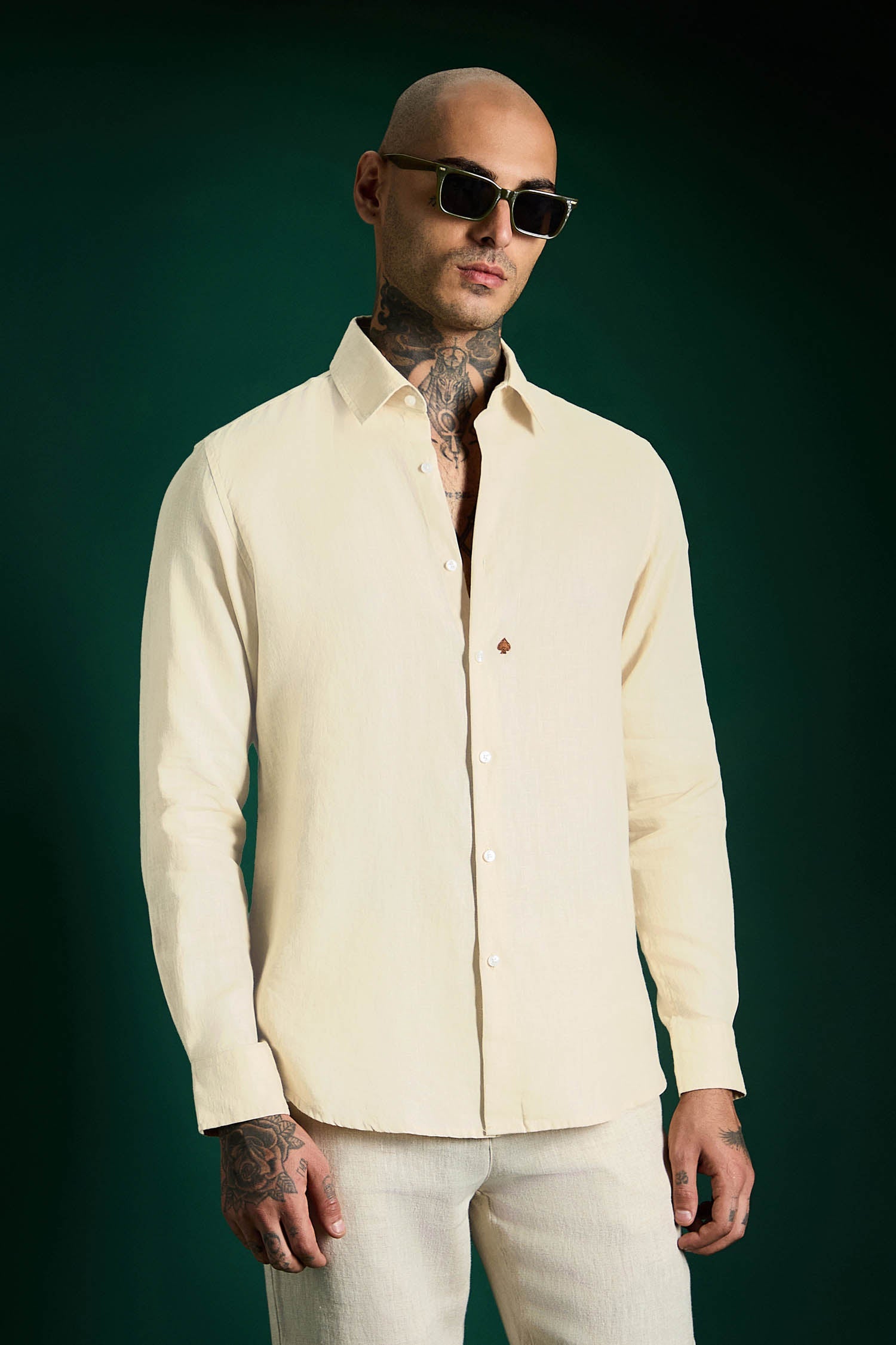 Spade Hand Embroidered Irish Linen Shirt - Ivory
