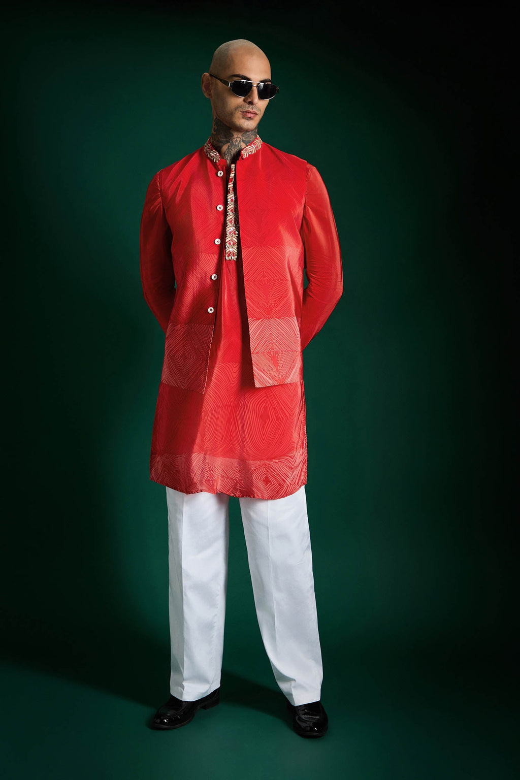 Red Print Hand Embroidered Designer Bundi Set