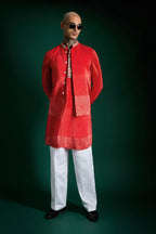Red Print Hand Embroidered Designer Bundi Set