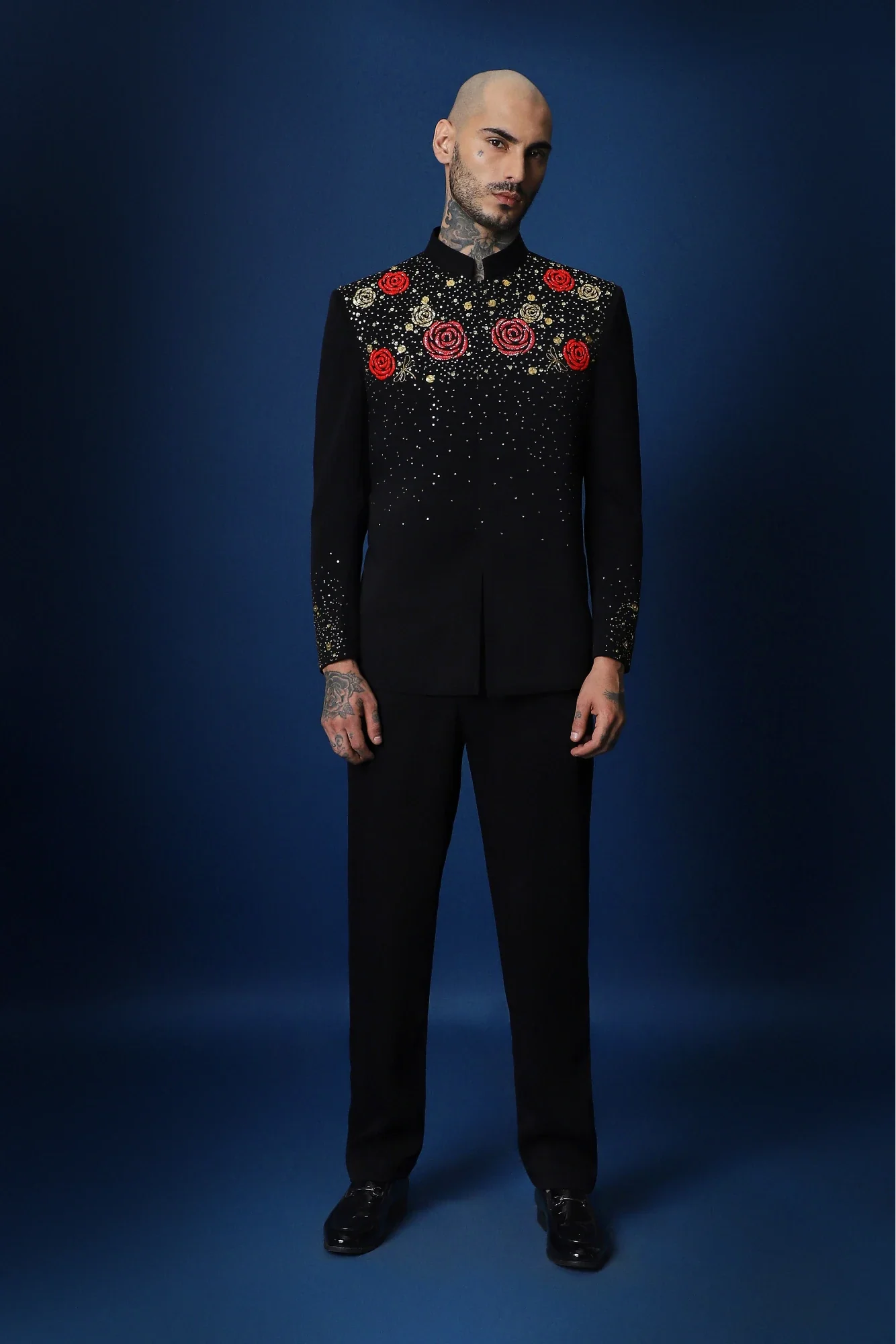 Celestial Rose Hand Embroidered Bandhgala - Black