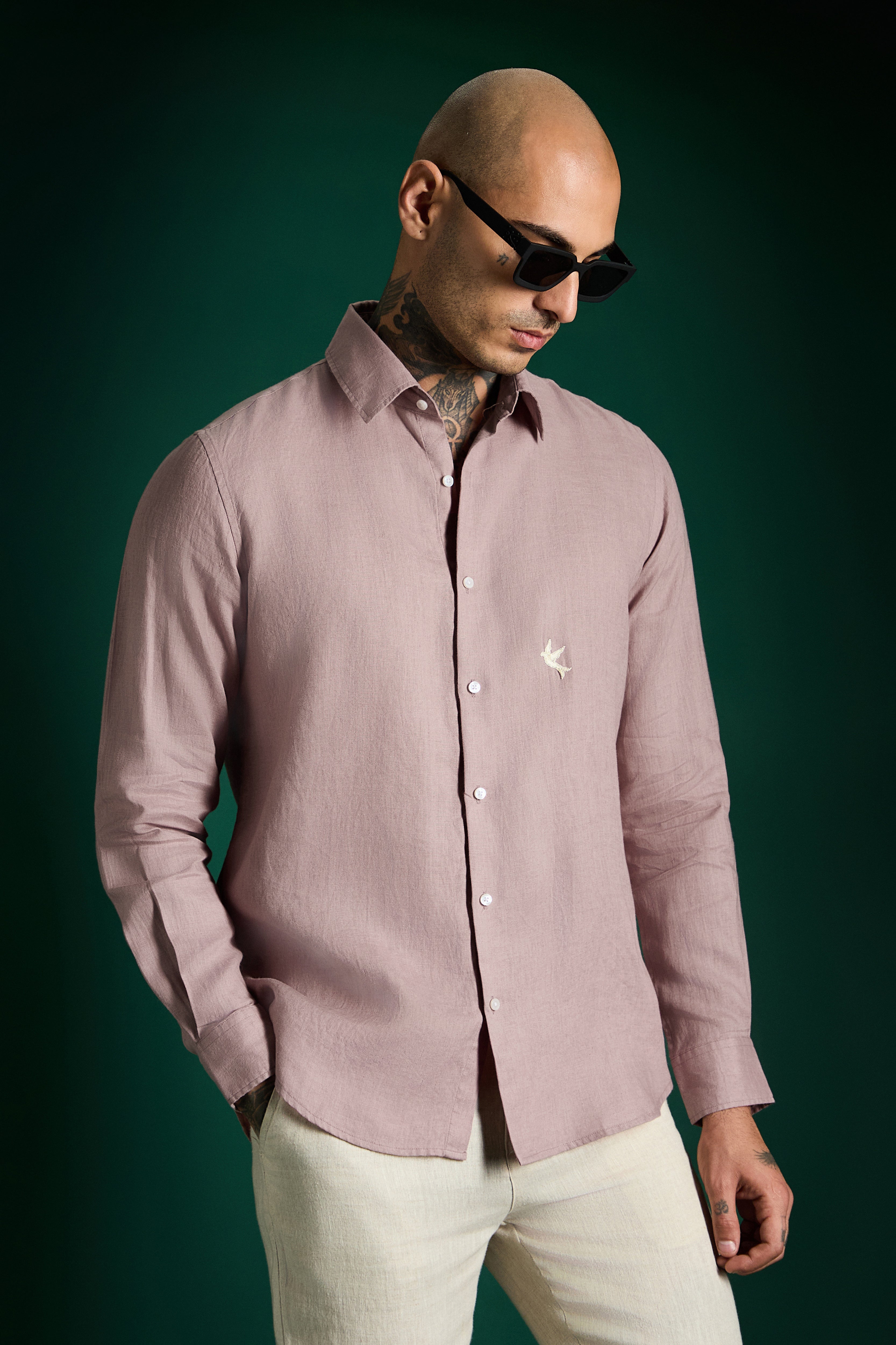 Bird Hand Embroidered Irish Linen Shirt - Dusky Pink
