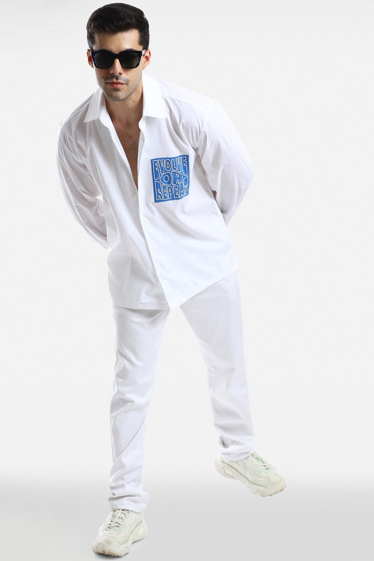 Evolve or Repeat - Hand Embroidered Oversized Designer Shirt  - White with blue