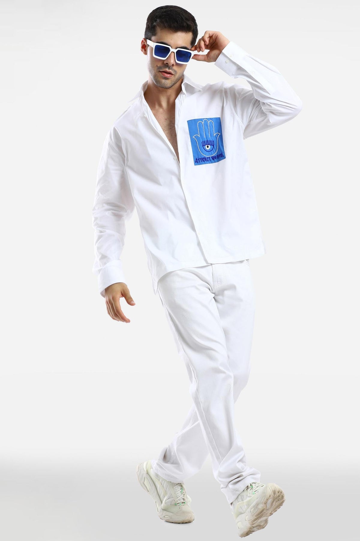 Attract no evil - Hand Embroidered Oversized Designer Shirt - White