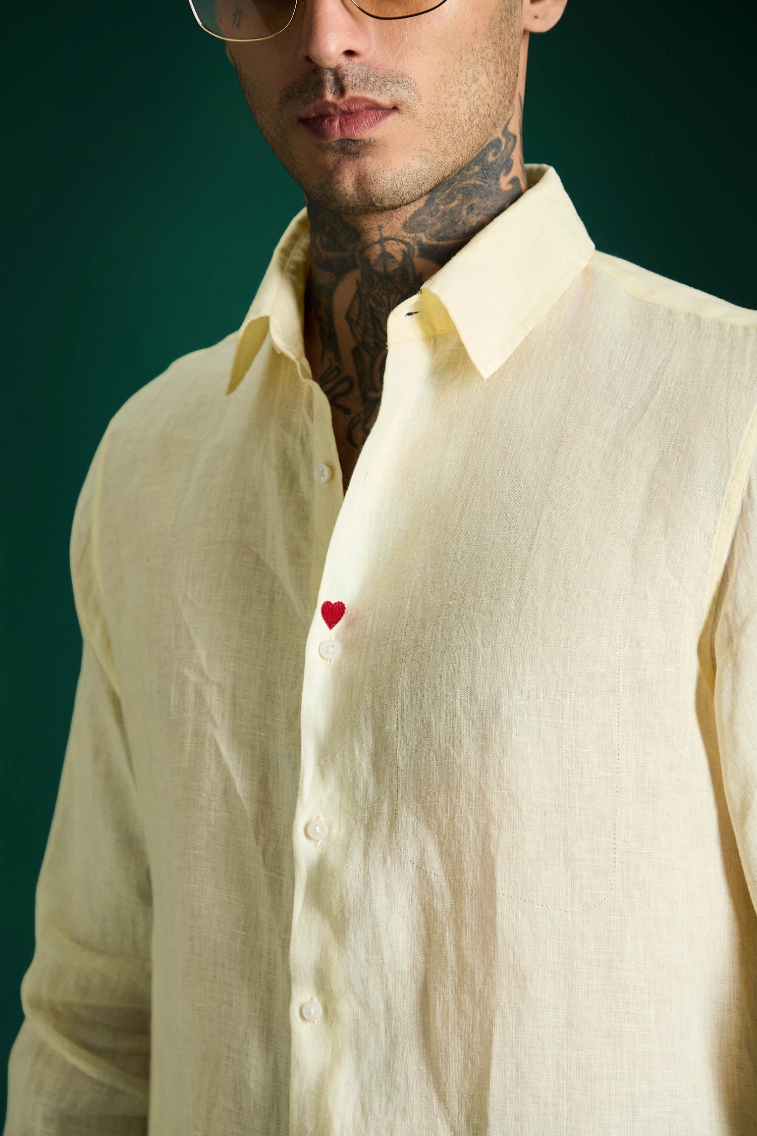 Heart Hand Embroidered Irish Linen Shirt - Mellow Yellow