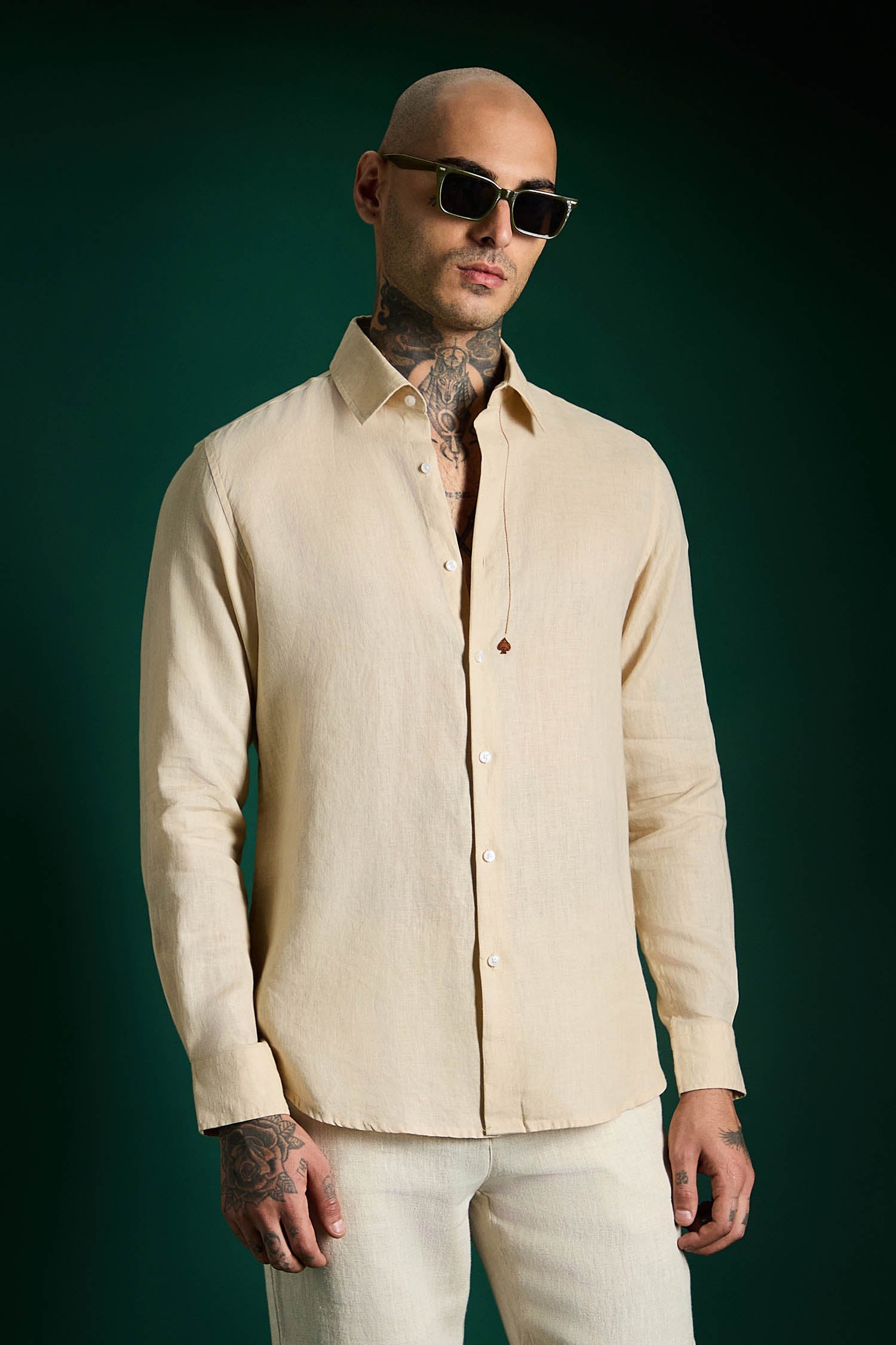 Spade Hand Embroidered Irish Linen Shirt - Beige