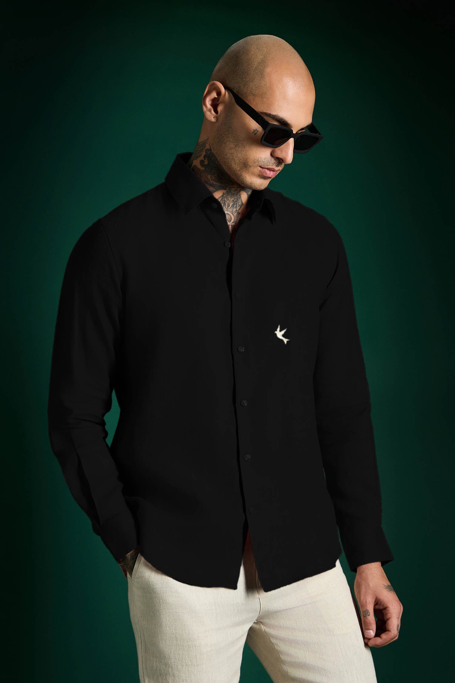 Bird Hand Embroidered Irish Linen Shirt - Black