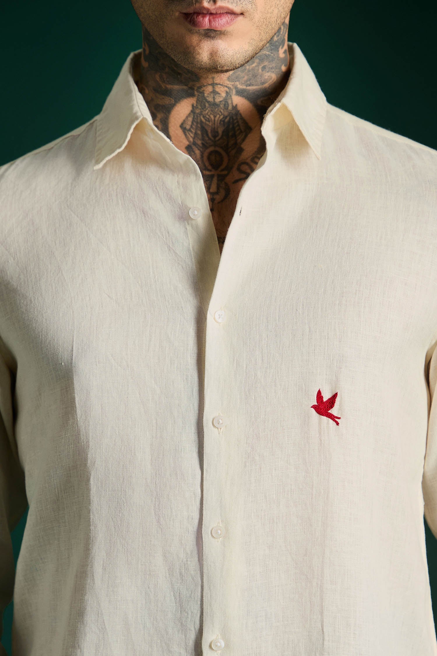 Bird Hand Embroidered Irish Linen Shirt - Ivory