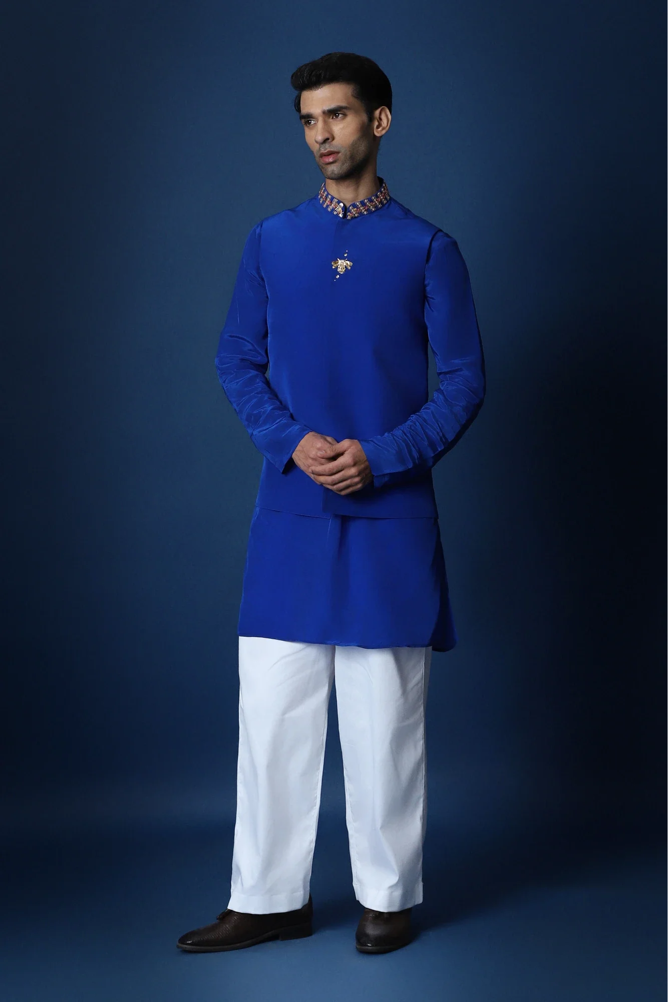 Groom Squad Hand Embroidered Crepe Bundi With Kurta  - Royal Blue