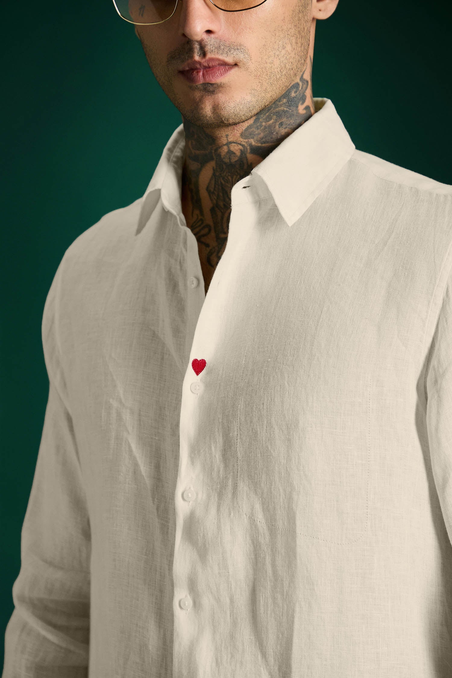 Heart Hand Embroidered Irish Linen Shirt - Ivory