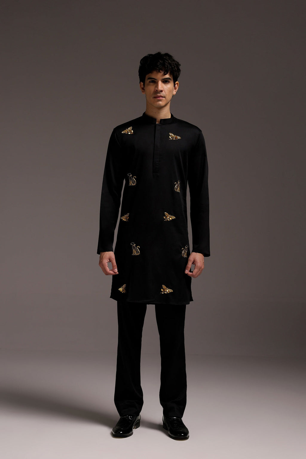 Wild Grace (Butterfly & Panther) - Hand Embroidered Designer Kurta - Black