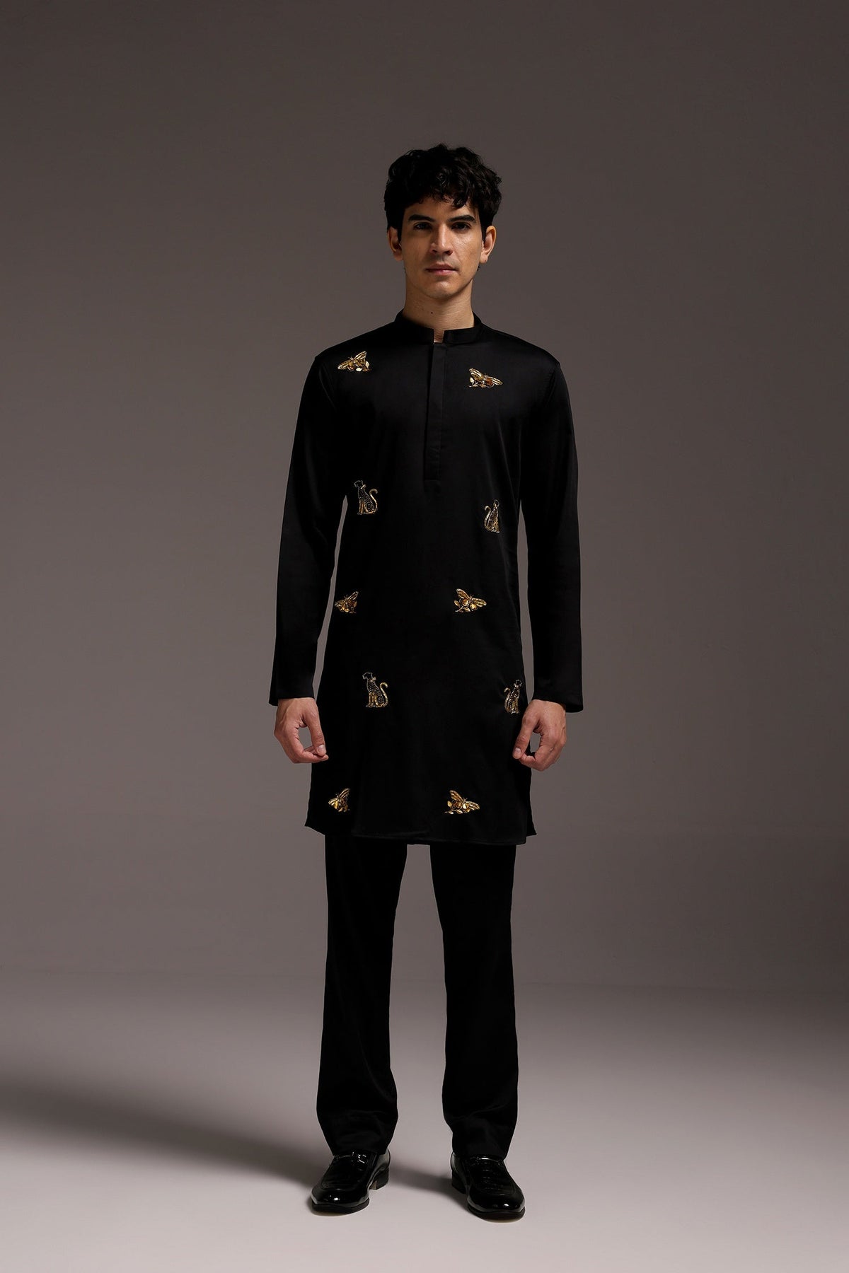 Wild Grace (Butterfly & Panther) - Hand Embroidered Designer Kurta - Black