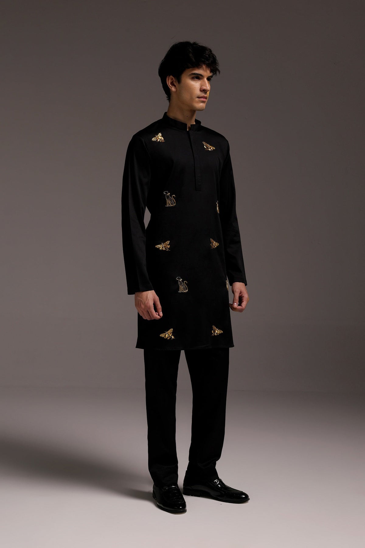 Wild Grace (Butterfly & Panther) - Hand Embroidered Designer Kurta - Black